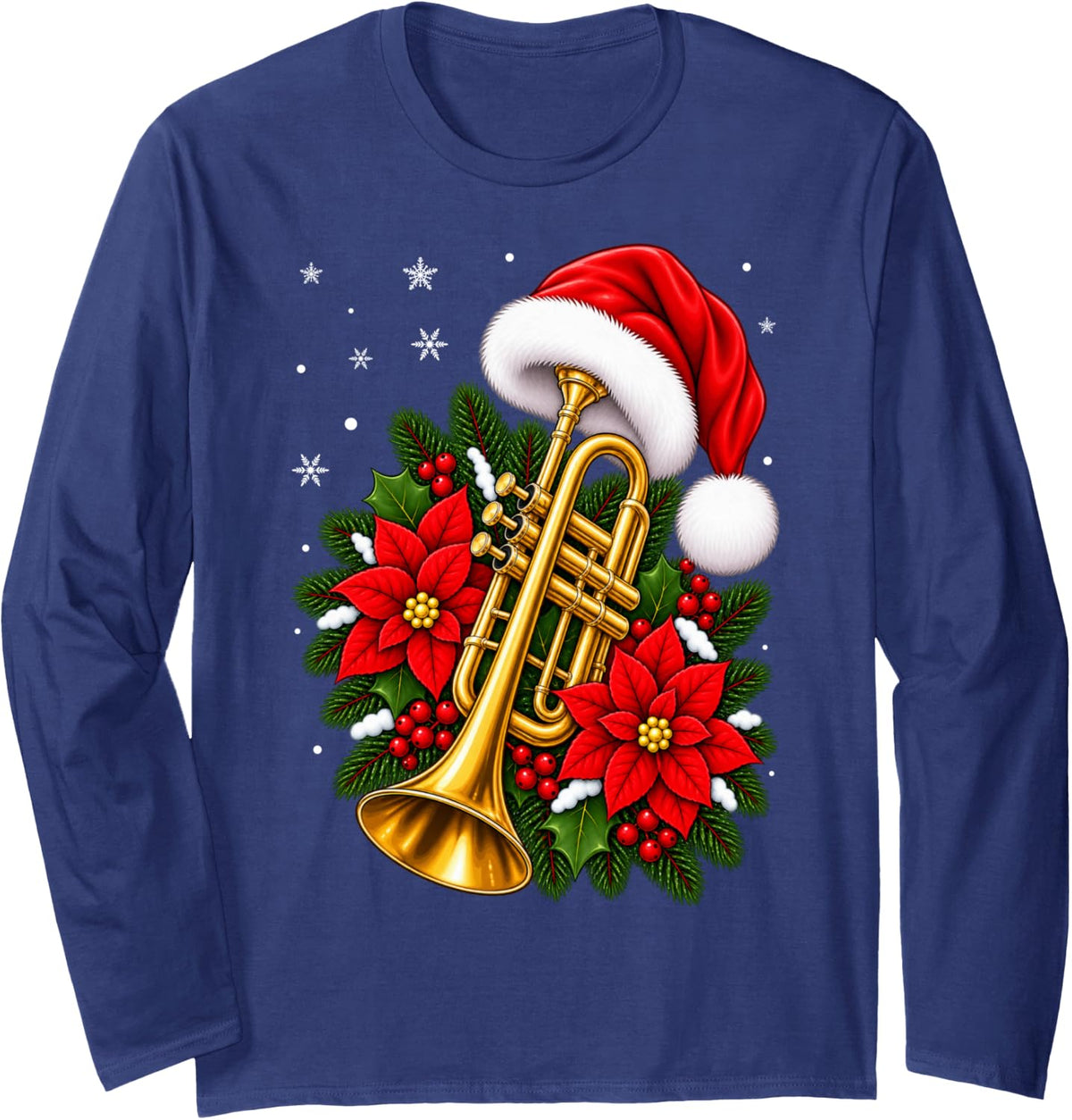Music Lover Floral Santa Hat Musical Trumpet Christmas Long Sleeve T-Shirt - Adult Unisex Navy Blue