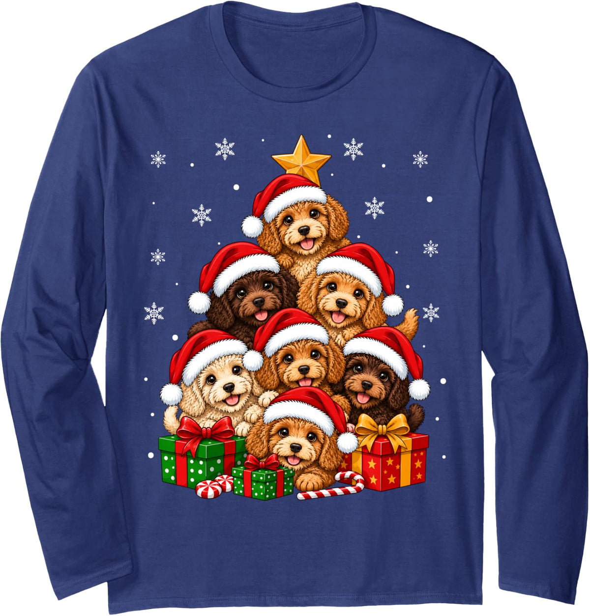 Cockapoo Dog Christmas Tree Cute Festive Santa Pet Xmas Long Sleeve T-Shirt - Adult Unisex Navy Blue