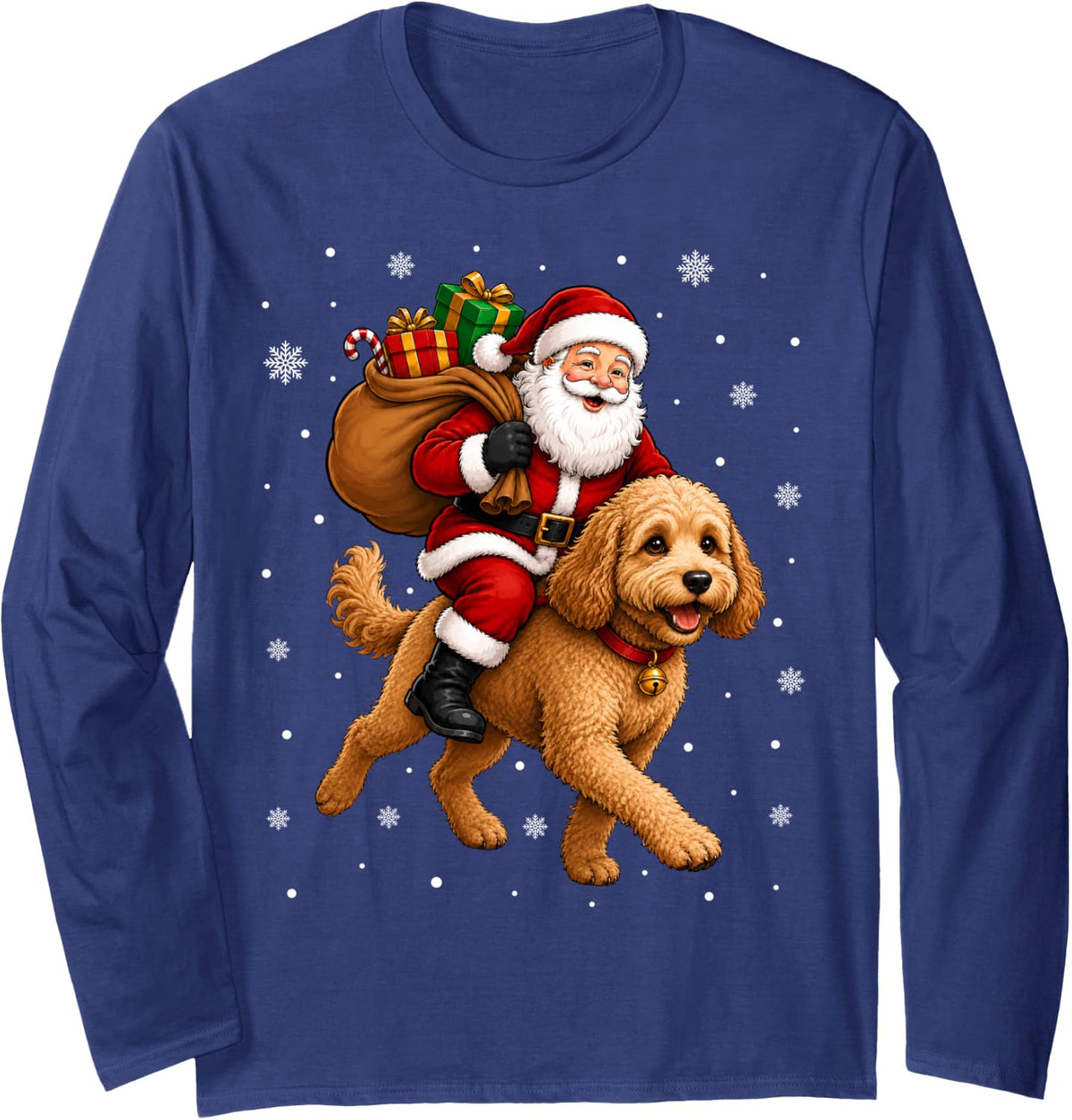 Festive Holiday Funny Santa Riding Cockapoo Dog Christmas Long Sleeve T-Shirt - Adult Unisex Navy Blue