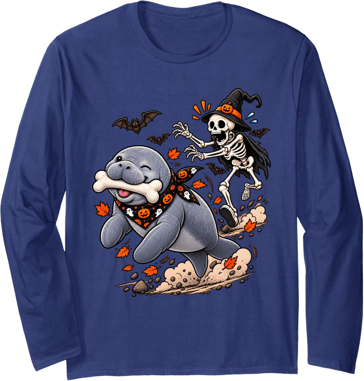 Funny Manatee Chased by Witch Skeleton Halloween Men Women Long Sleeve T-Shirt - Adult Unisex Navy Blue
