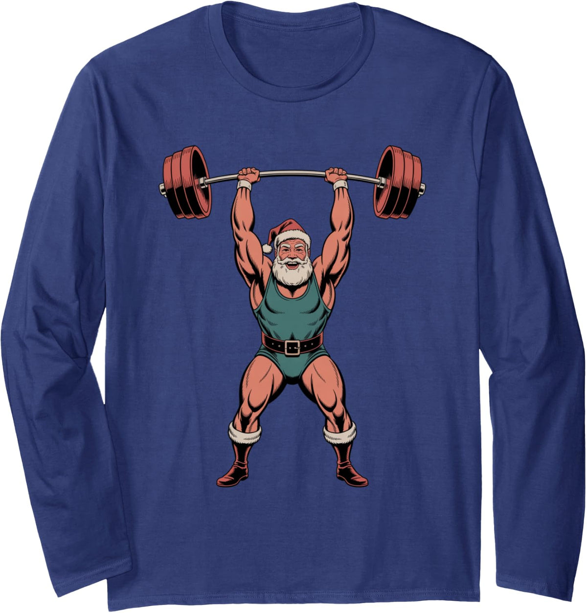 Retro Santa Weightlifting Player Funny Xmas Men Women Kids Long Sleeve T-Shirt - Adult Unisex Navy Blue