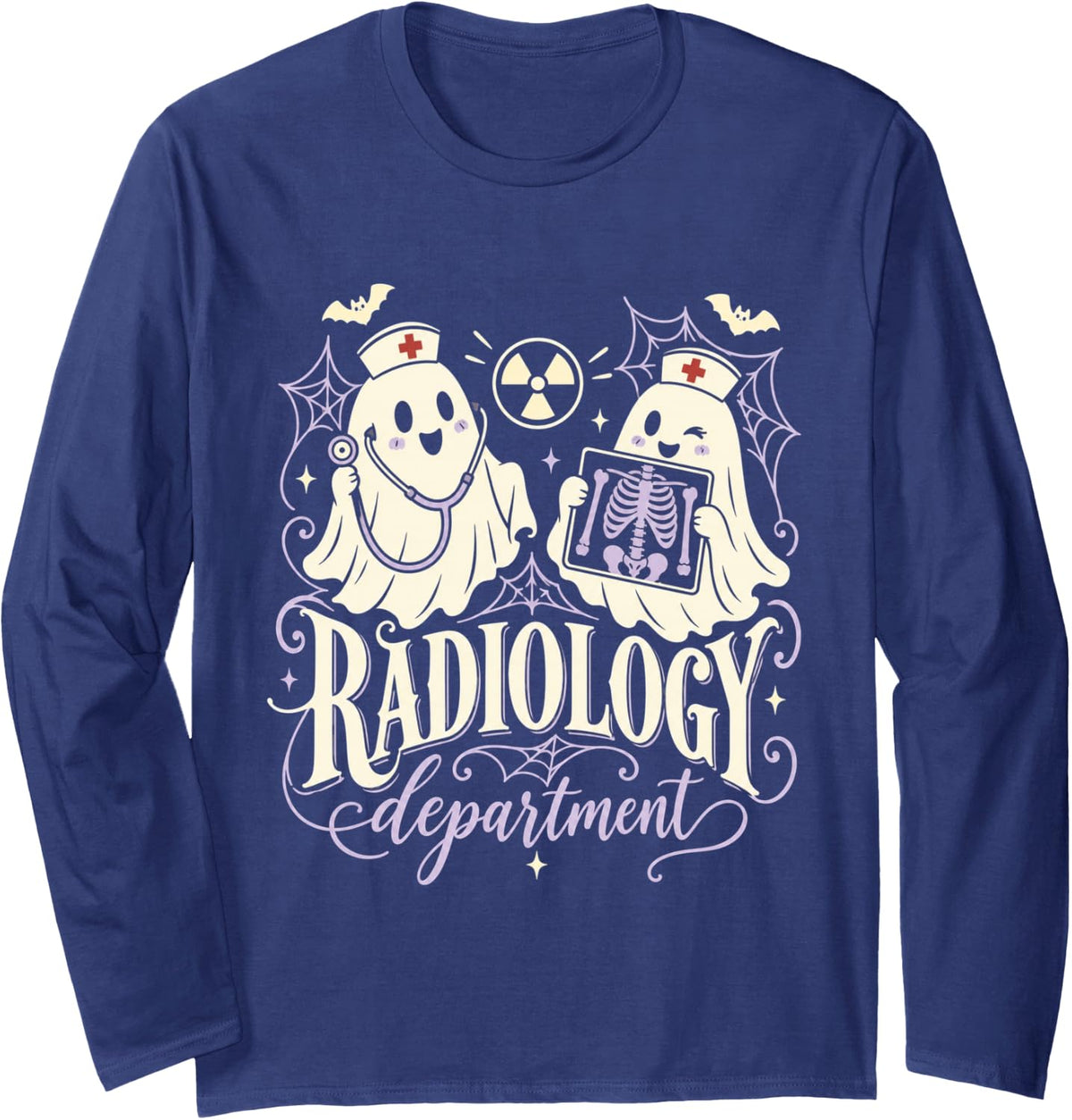 Funny Halloween Radiology Department Nurse Ghost Long Sleeve T-Shirt - Adult Unisex Navy Blue
