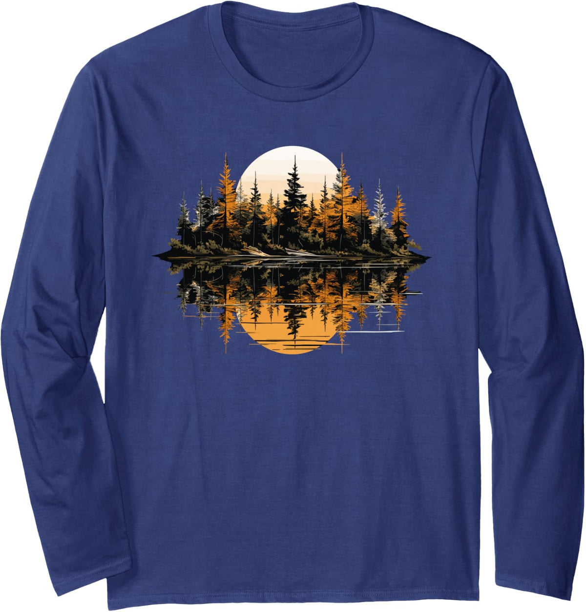 Nature Reflection Forest Trees Outdoor Wildlife Long Sleeve T-Shirt - Adult Unisex Navy Blue
