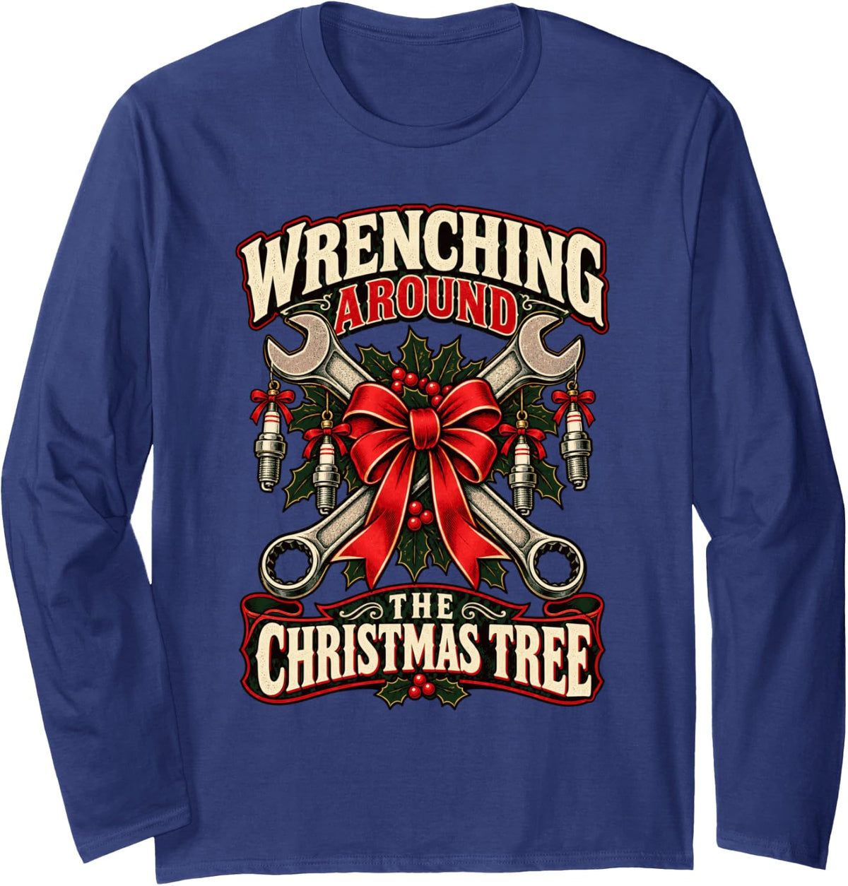 Mechanic Christmas Crossed Wrenches and Spark Plugs Long Sleeve T-Shirt - Adult Unisex Navy Blue