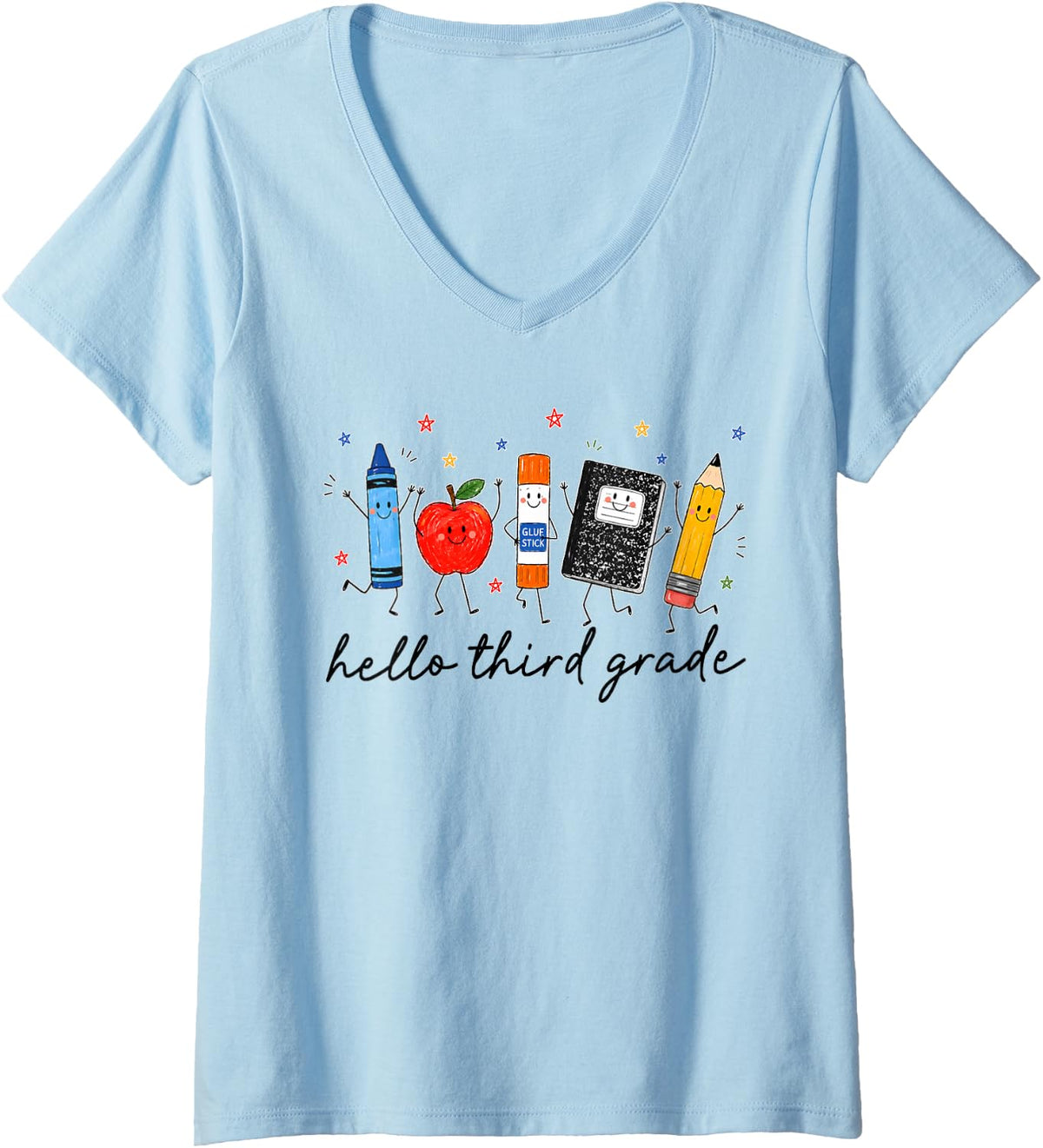 Women's Back to School Teachers Doodle Crayon Hello 3rd Third Grade V-Neck T-Shirt - Baby Blue