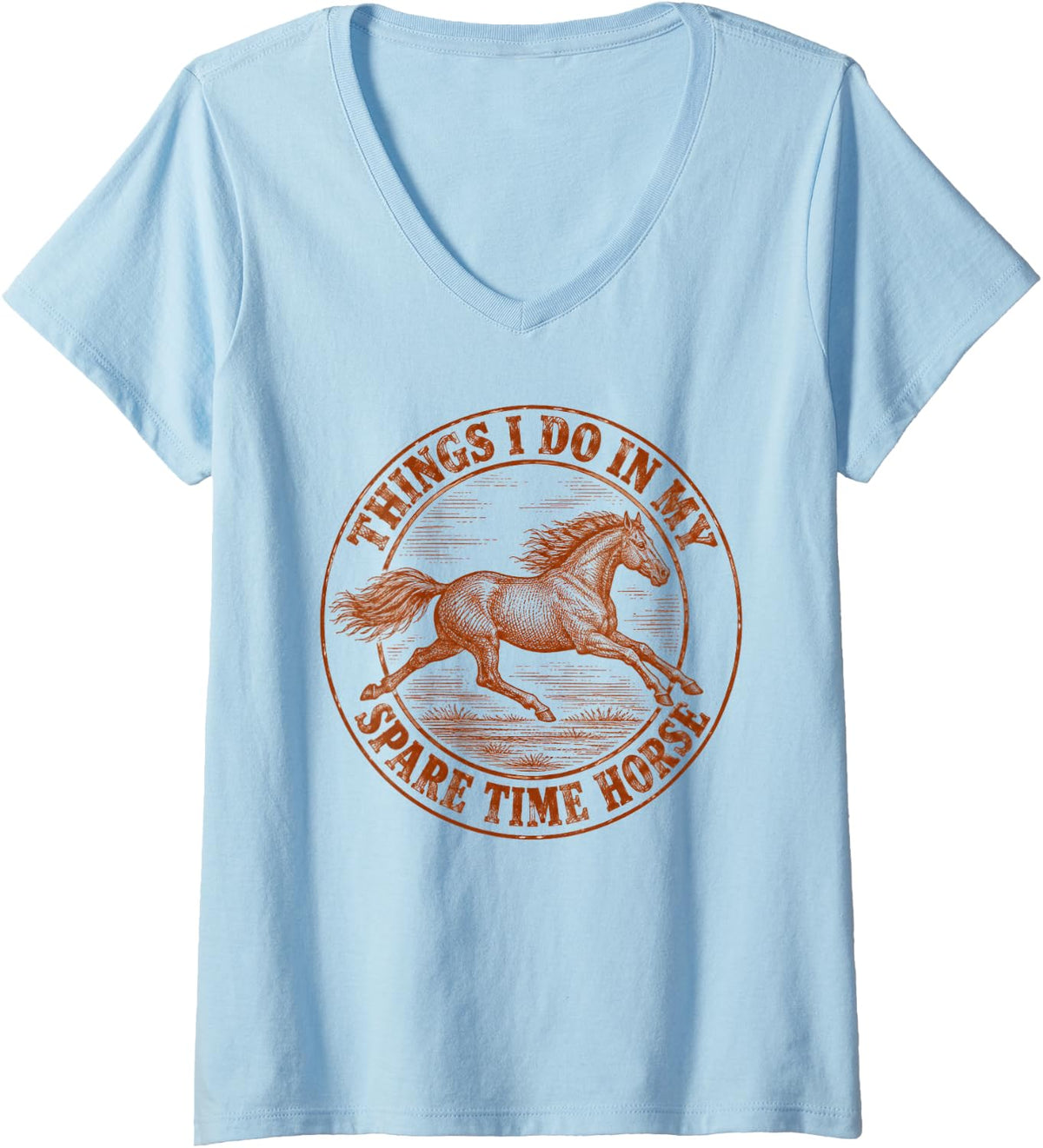 Women's Vintage Rustic Spare Time Horse Equestrian Rider Farm V-Neck T-Shirt - Baby Blue