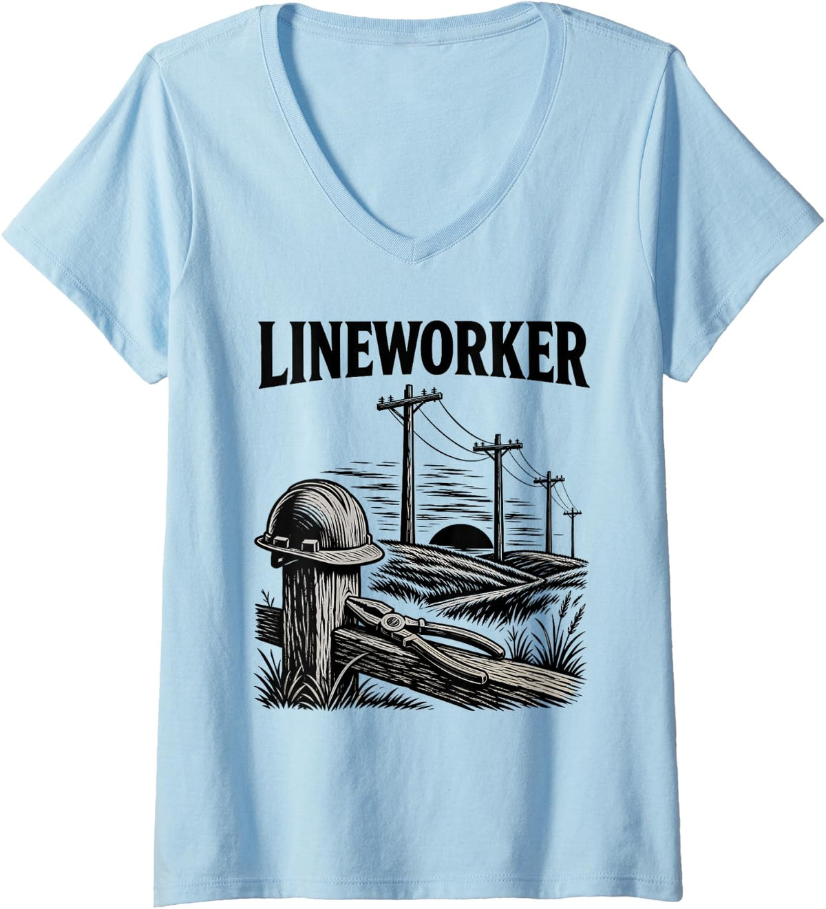 Women's Lineworker Lineman Power Poles Hard Hat V-Neck T-Shirt - Baby Blue
