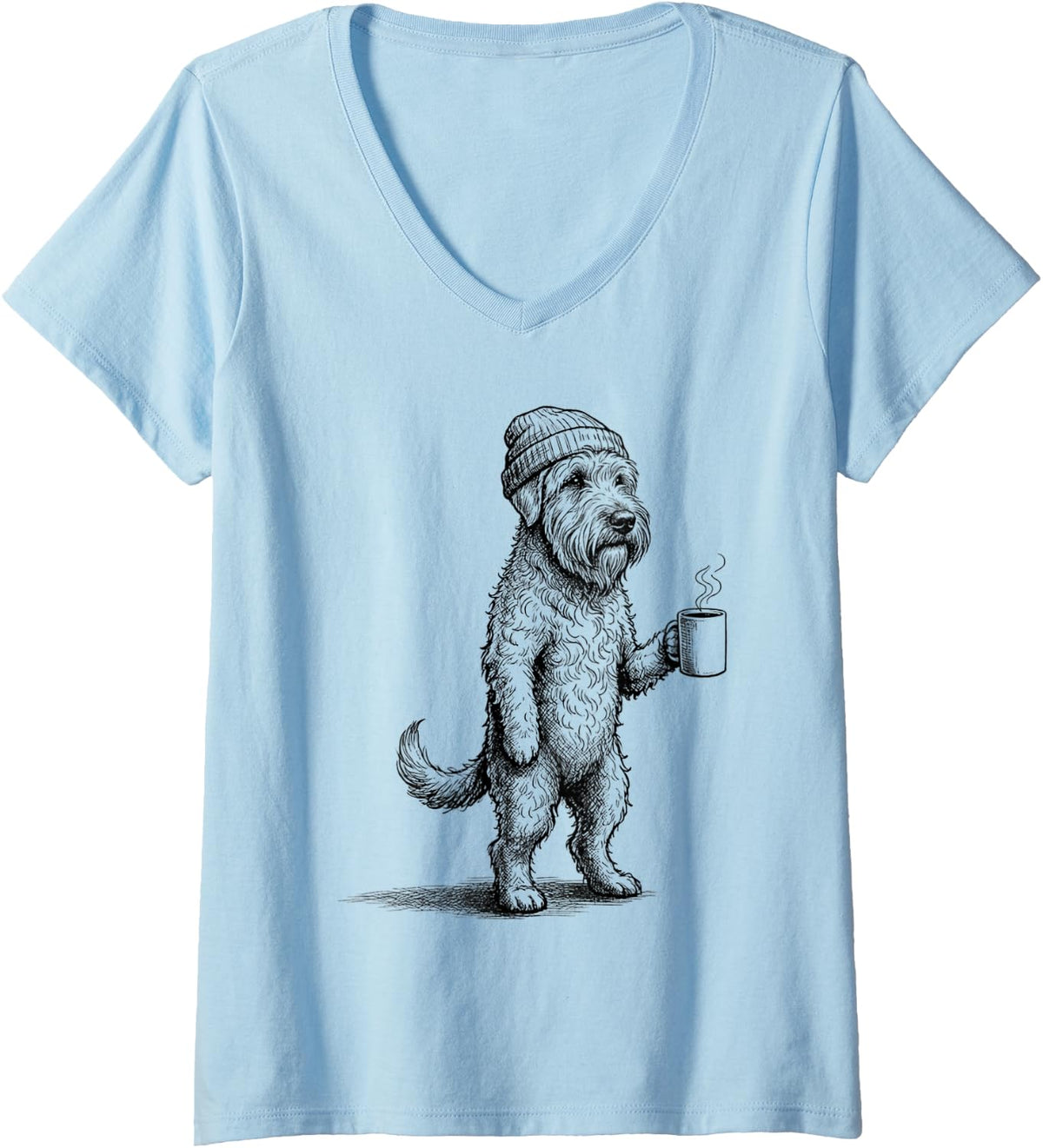 Women's Grumpy Soft Coated Wheaten Terrier Dog Drinking Coffee Funny V-Neck T-Shirt - Baby Blue