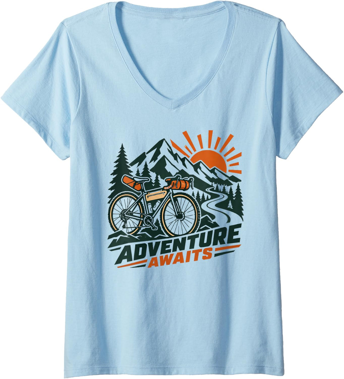 Women's Cycling Adventure Mountains Bicycle Outdoor Bikepacking V-Neck T-Shirt - Baby Blue