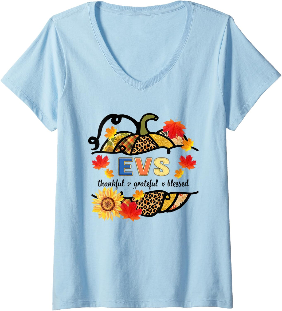 Women's Autumn Fall Outfit EVS Thankful Grateful Blessed Pumpkin V-Neck T-Shirt - Baby Blue