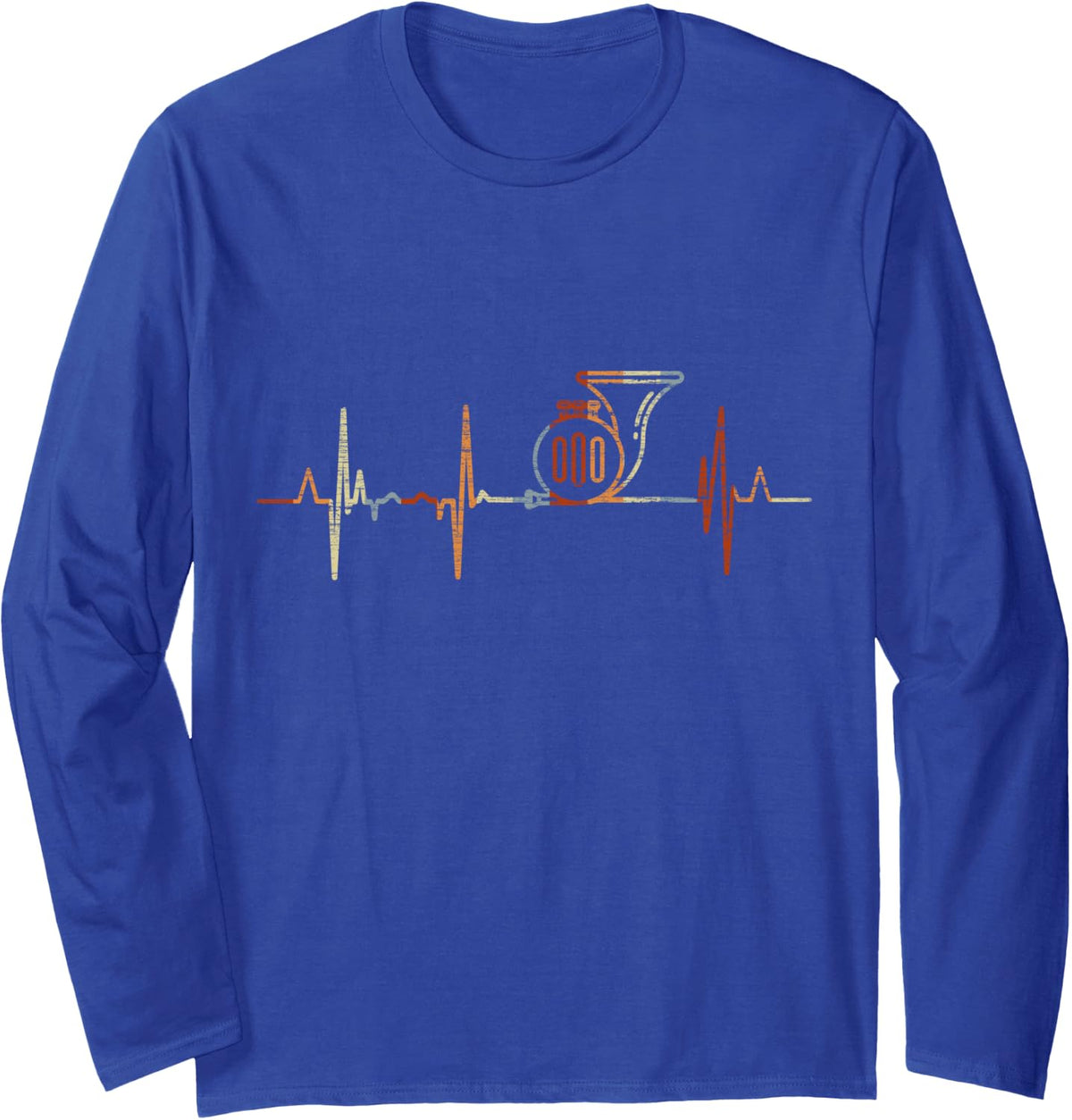 French Horn Heartbeat Vintage ECG Cardiogram Retro Long Sleeve T-Shirt - Adult Unisex Royal Blue