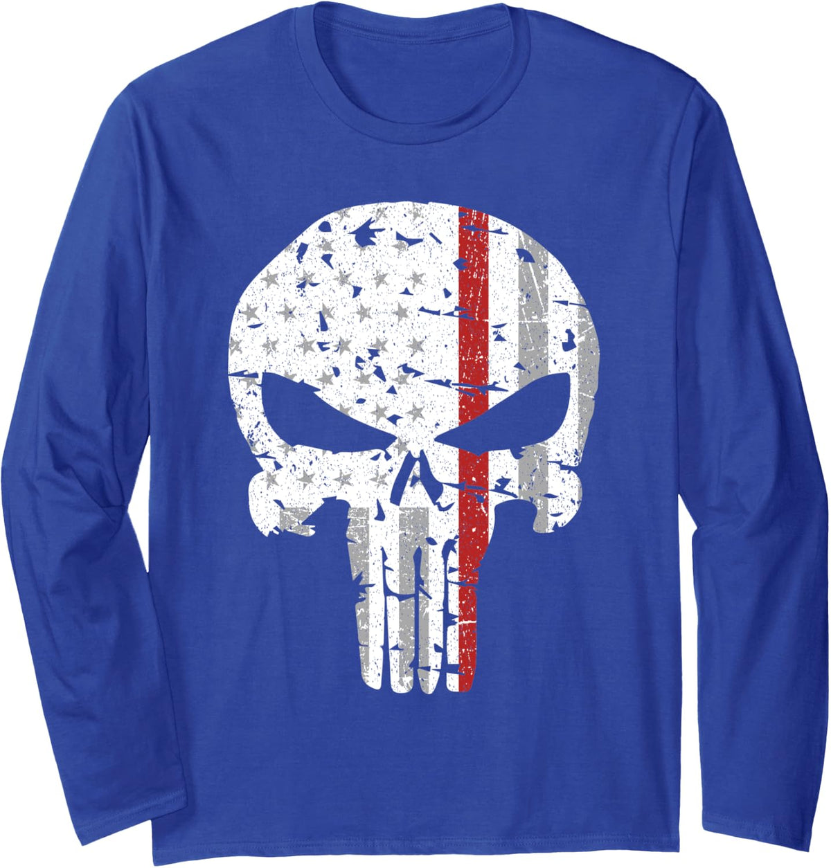 Firefighter Skull American Flag Thin Red Line Firefighting Long Sleeve T-Shirt - Adult Unisex Royal Blue