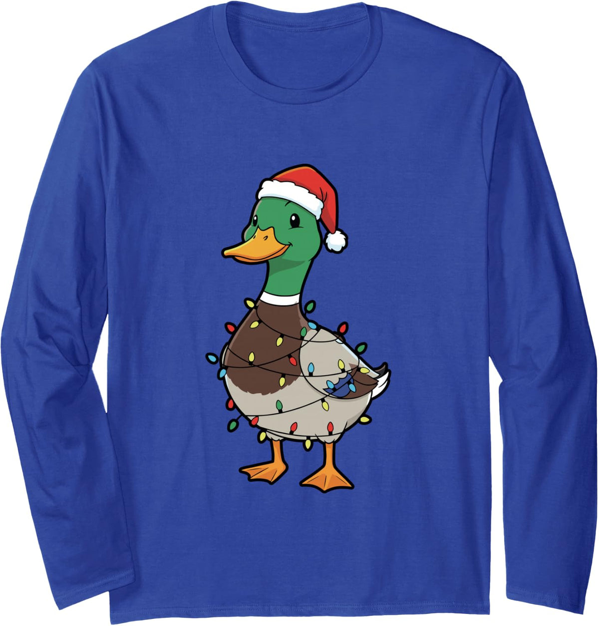 Cute Christmas Duck Mallard with Xmas Lights Long Sleeve T-Shirt - Adult Unisex Royal Blue