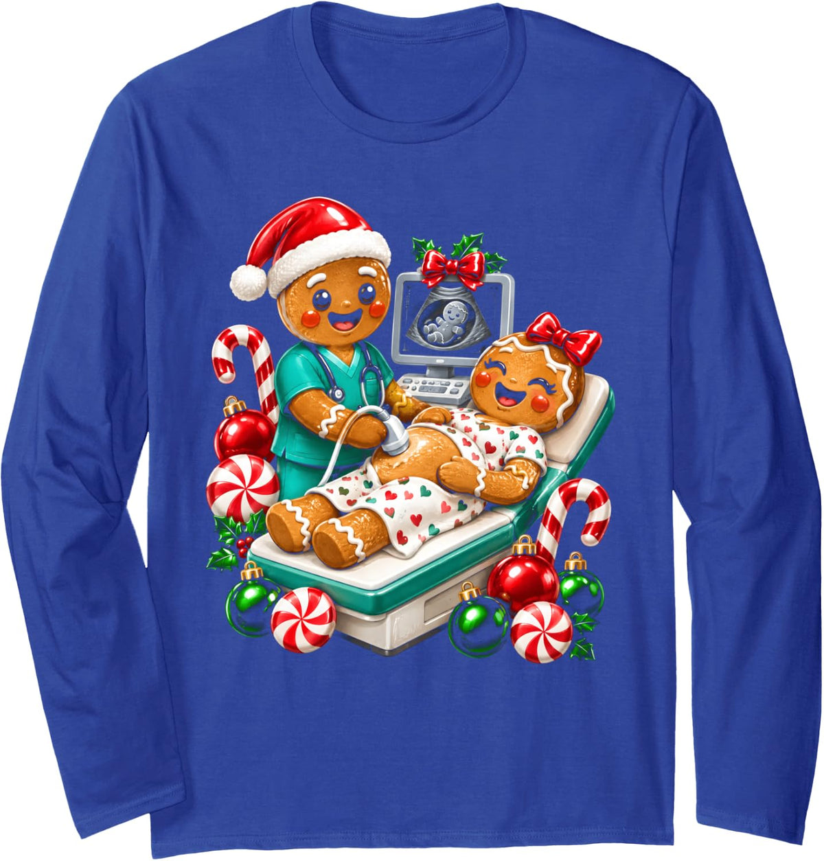 Sonographer Christmas Gingerbread Ultrasound Xmas Long Sleeve T-Shirt - Adult Unisex Royal Blue