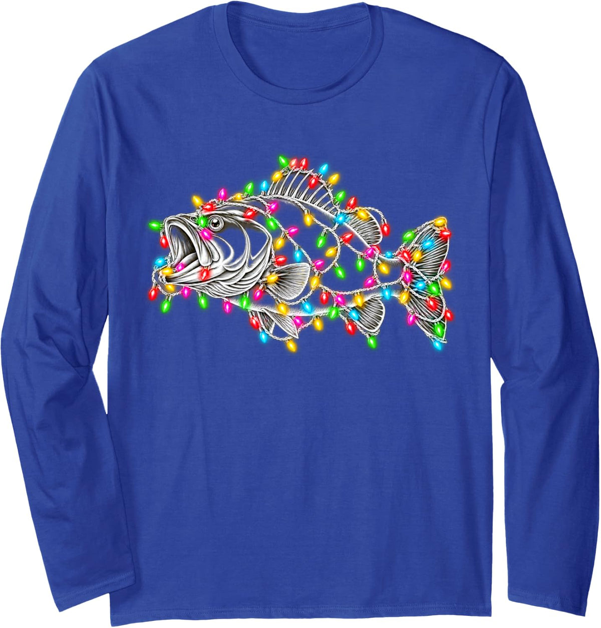 Christmas Largemouth Bass String Lights Fishing Hunter Xmas Long Sleeve T-Shirt - Adult Unisex Royal Blue
