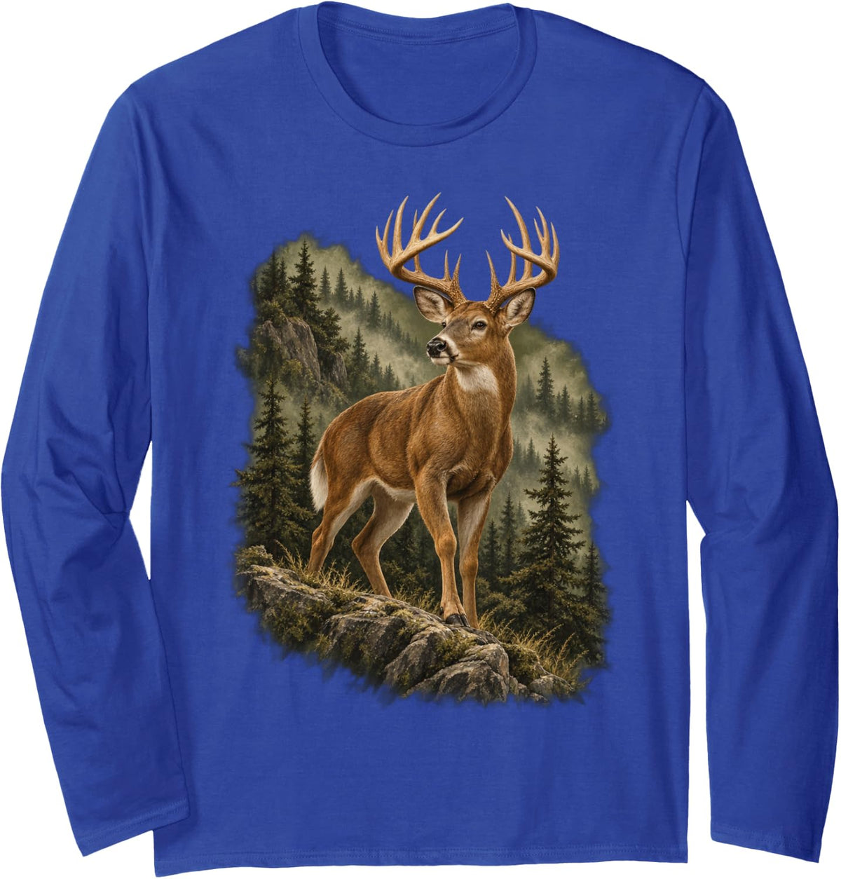 White-Tailed Buck Deer in Forest Wildlife Art Long Sleeve T-Shirt - Adult Unisex Royal Blue