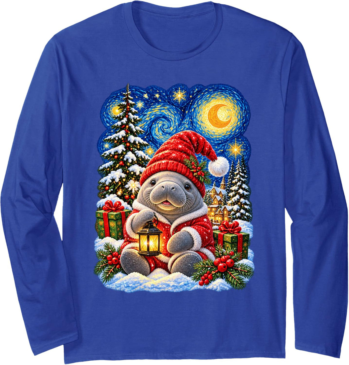 Christmas Manatee Van Gogh Starry Sky for Men Women Long Sleeve T-Shirt - Adult Unisex Royal Blue
