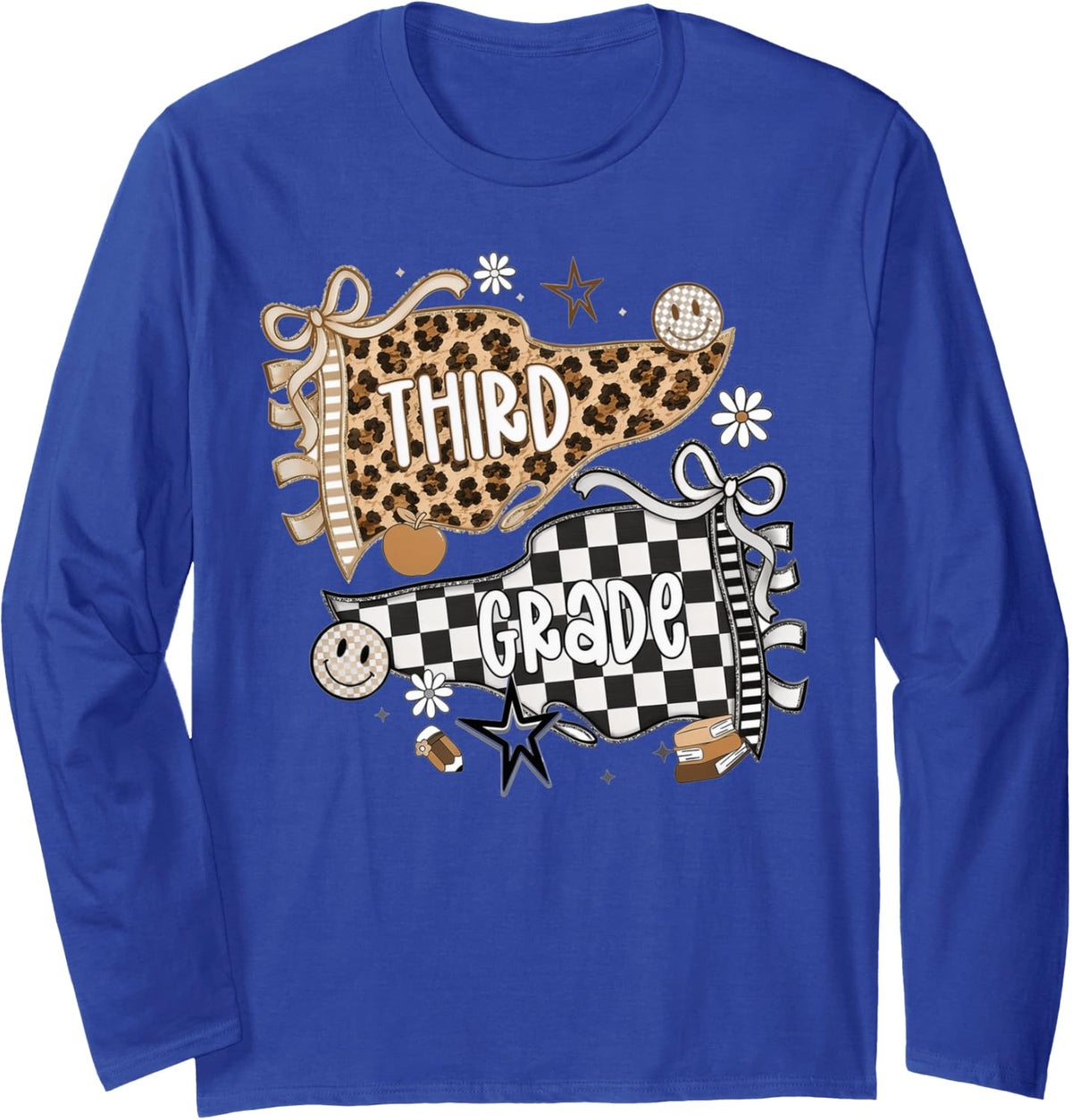 Third Grade Leopard Teacher Pennant Flag Back to School Long Sleeve T-Shirt - Adult Unisex Royal Blue