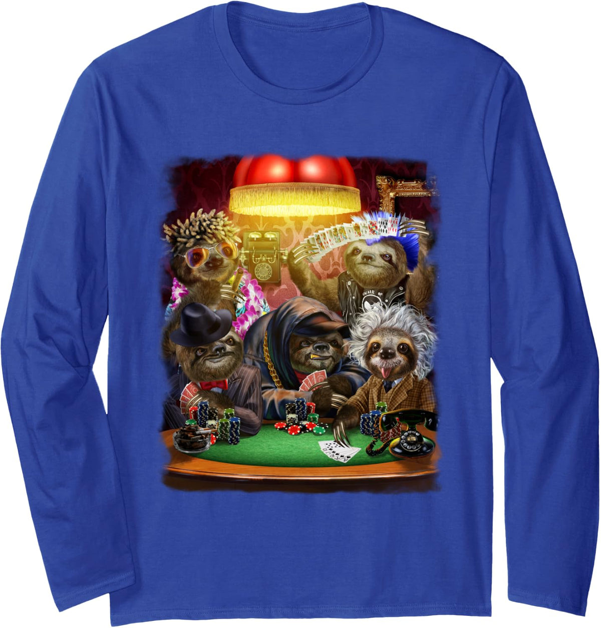 Funny Sloth Poker Night Card Game Animal Long Sleeve T-Shirt - Adult Unisex Royal Blue