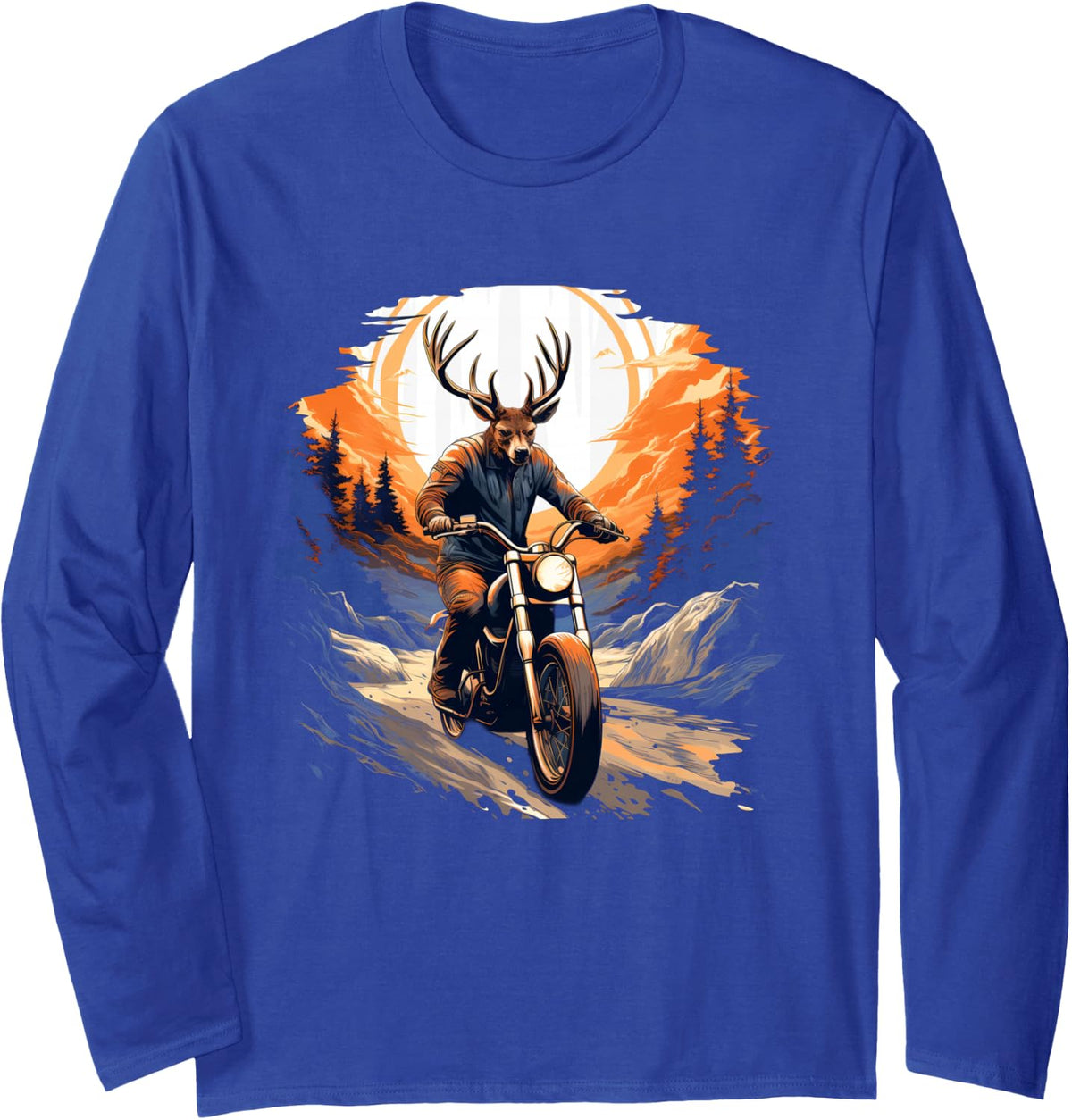 Biker Deer Riding Motorbike Long Sleeve T-Shirt - Adult Unisex Royal Blue