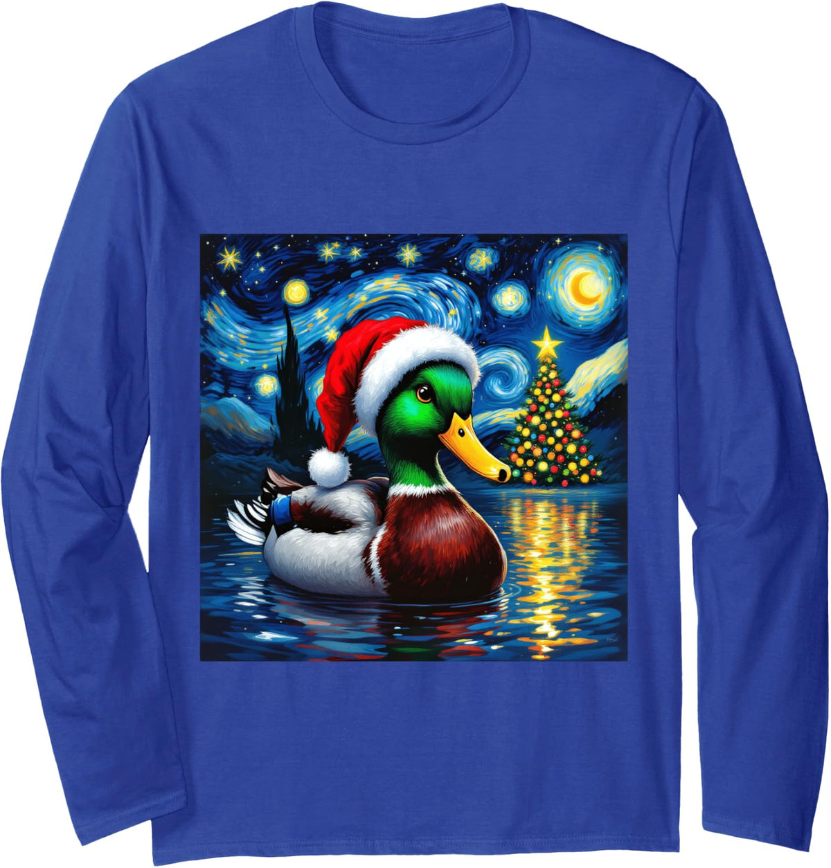 Christmas Mallard Duck Santa Hat Van Gogh Starry Night Long Sleeve T-Shirt - Adult Unisex Royal Blue