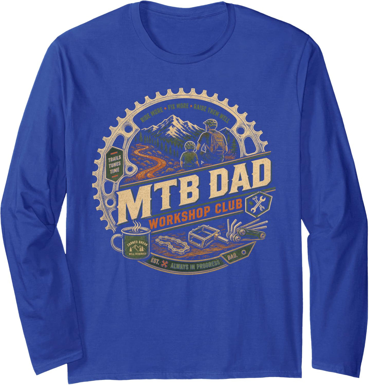 MTB Dad Workshop Club Mountain Bike Long Sleeve T-Shirt - Adult Unisex Royal Blue