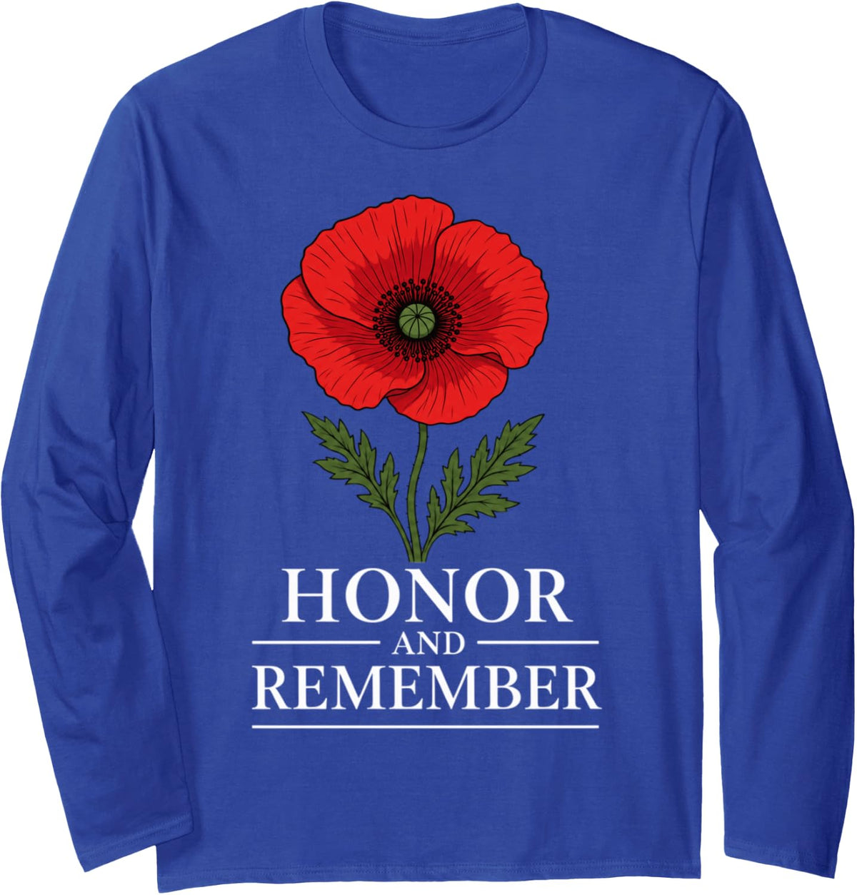 Honor Remember Memorial Day Vintage Poppy Flower Long Sleeve T-Shirt - Adult Unisex Royal Blue