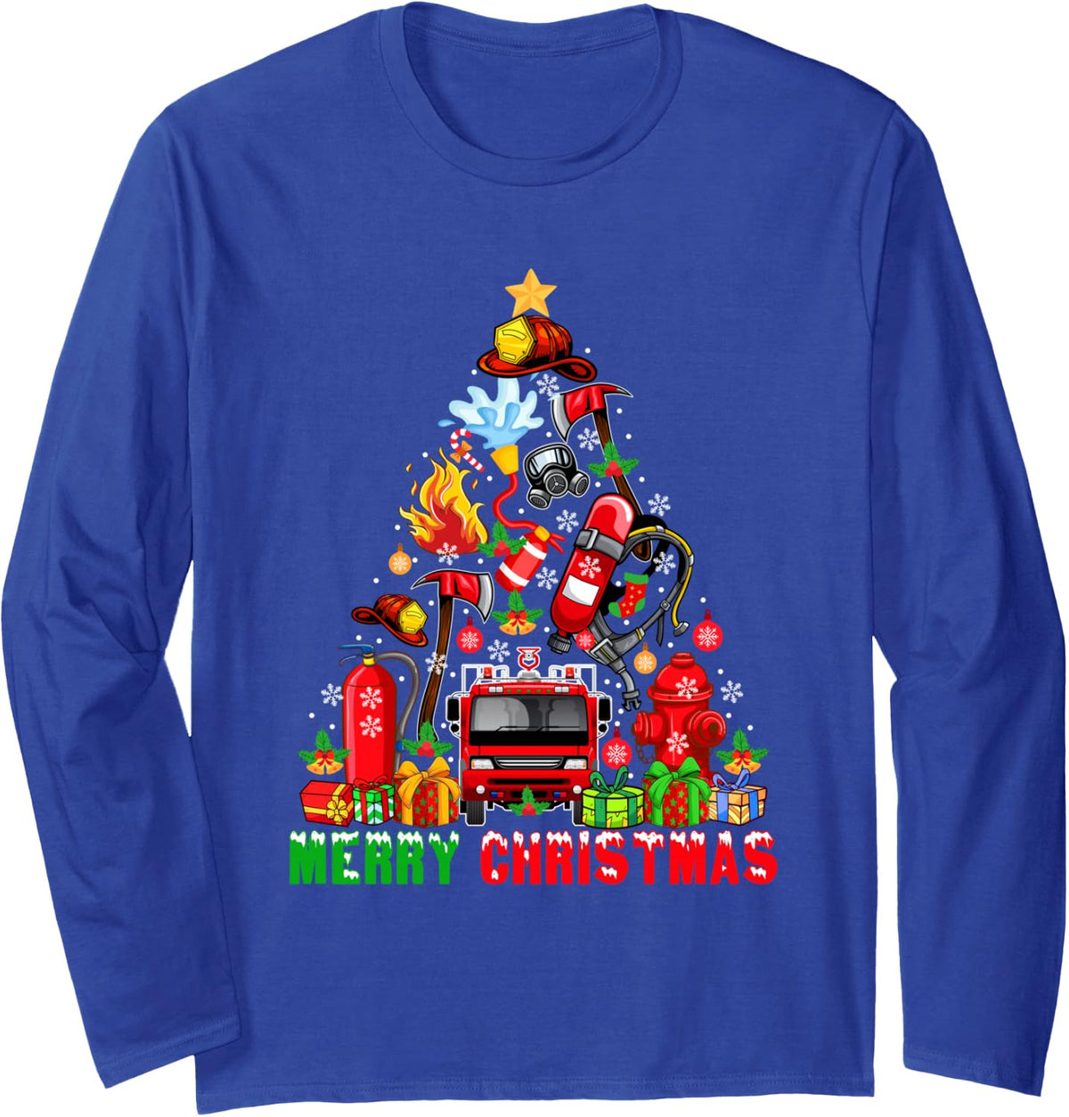 Merry Christmas Santa Firefighter Tools Job Xmas Tree Long Sleeve T-Shirt - Adult Unisex Royal Blue