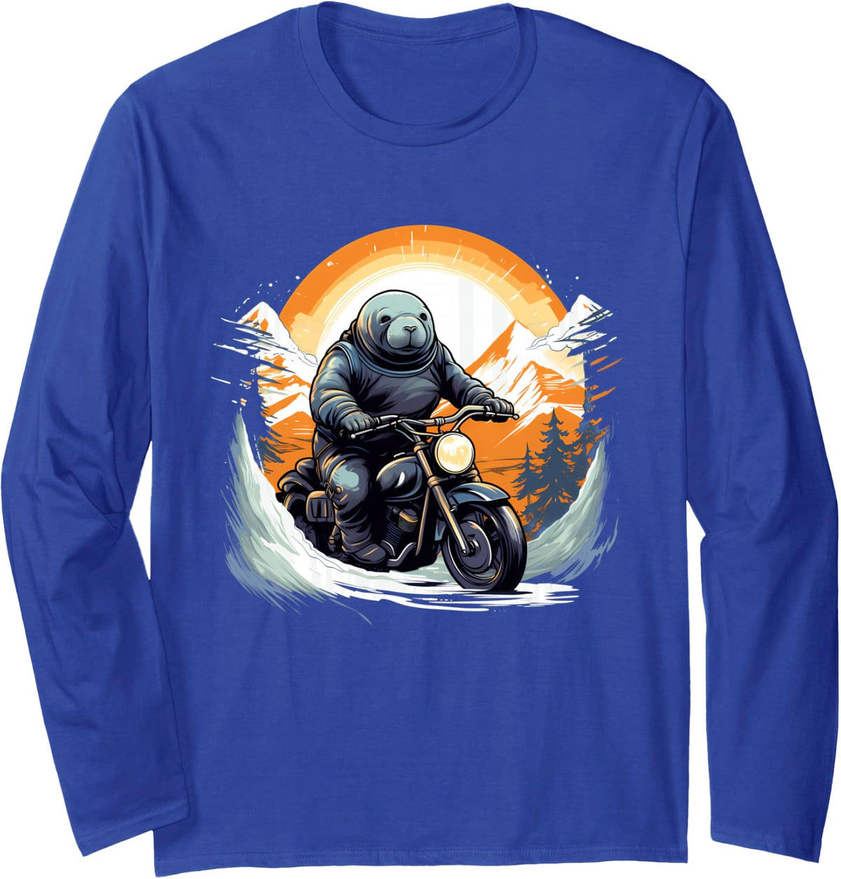 Biker Manatee Riding Motorbike Long Sleeve T-Shirt - Adult Unisex Royal Blue