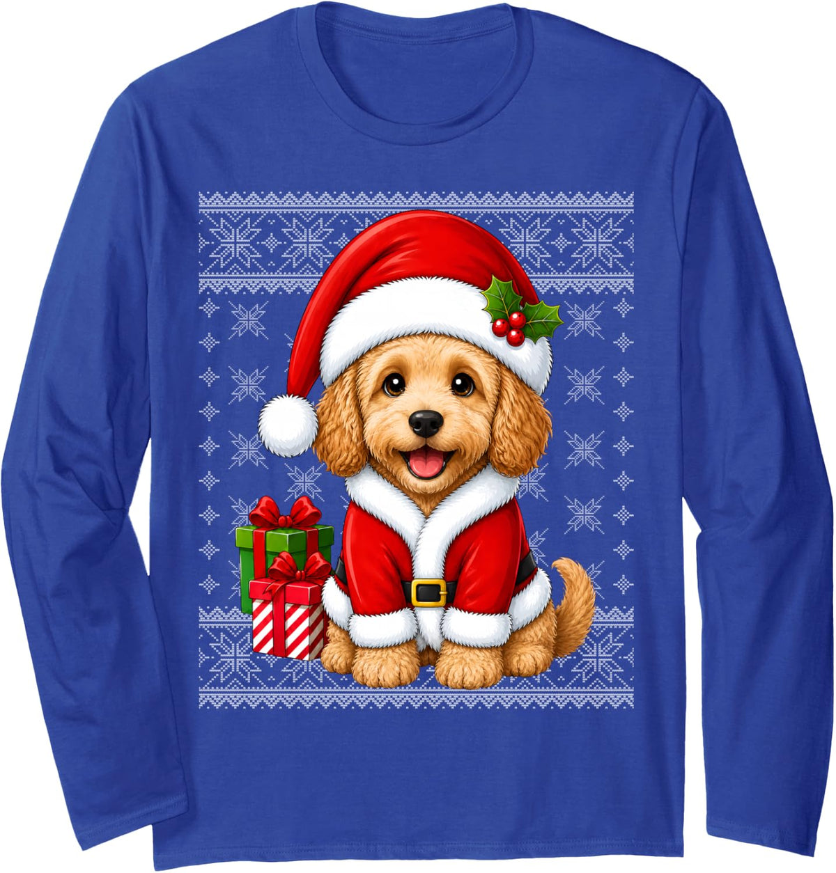Cockapoo Dog in Christmas Santa Costume Ugly Sweaters Xmas Long Sleeve T-Shirt - Adult Unisex Royal Blue