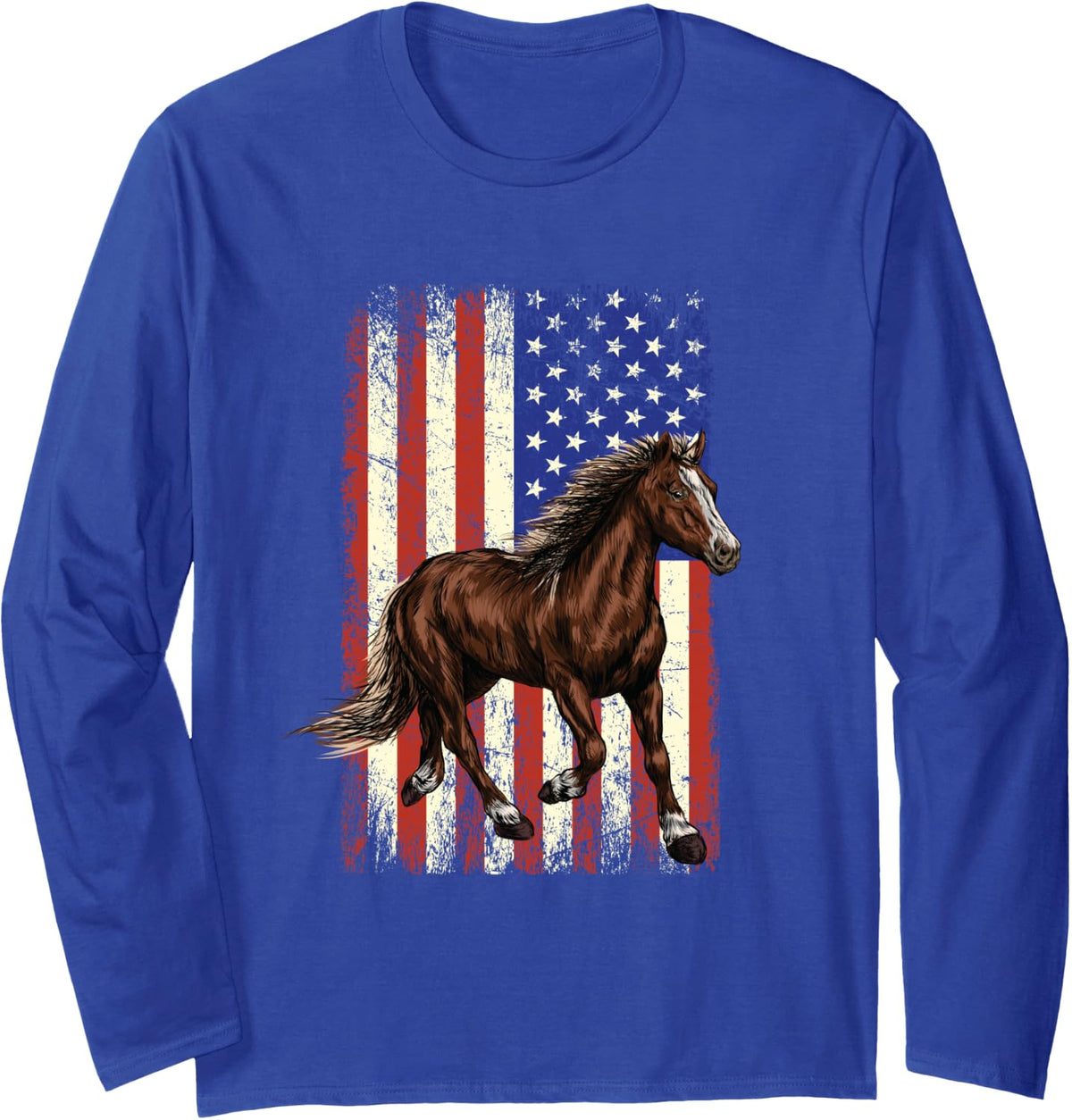 Horse in Front of The American Flag Horse Riding 4th of July Long Sleeve T-Shirt - Adult Unisex Royal Blue