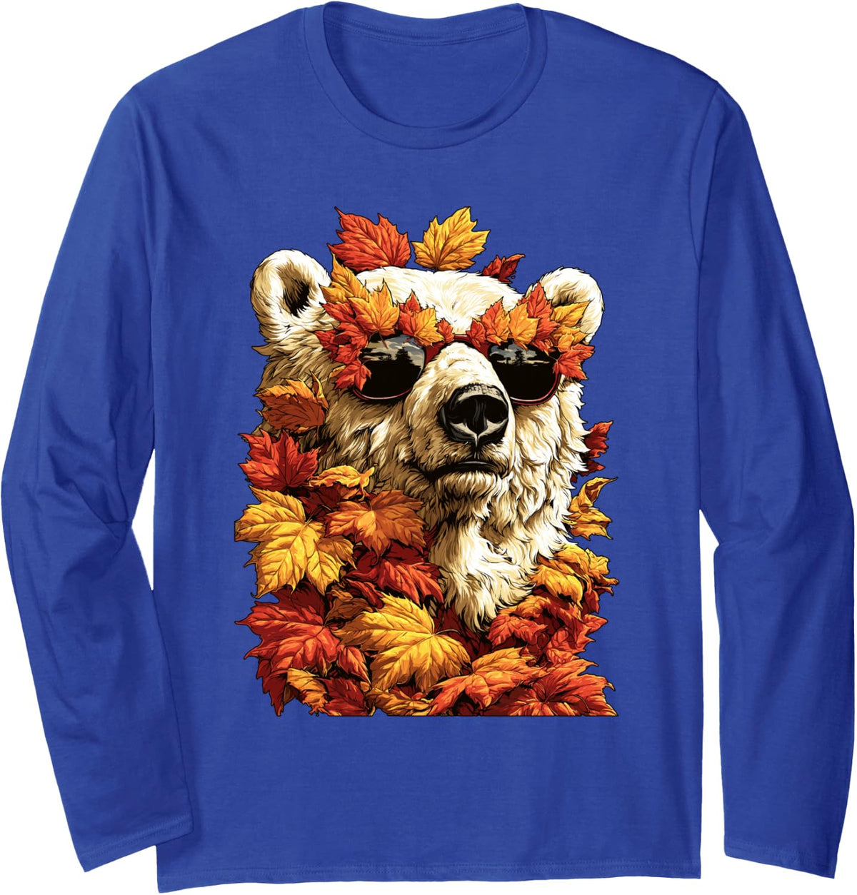 Fall Polar Bear with Sunglasses Autumn Leaves Forest Animal Long Sleeve T-Shirt - Adult Unisex Royal Blue