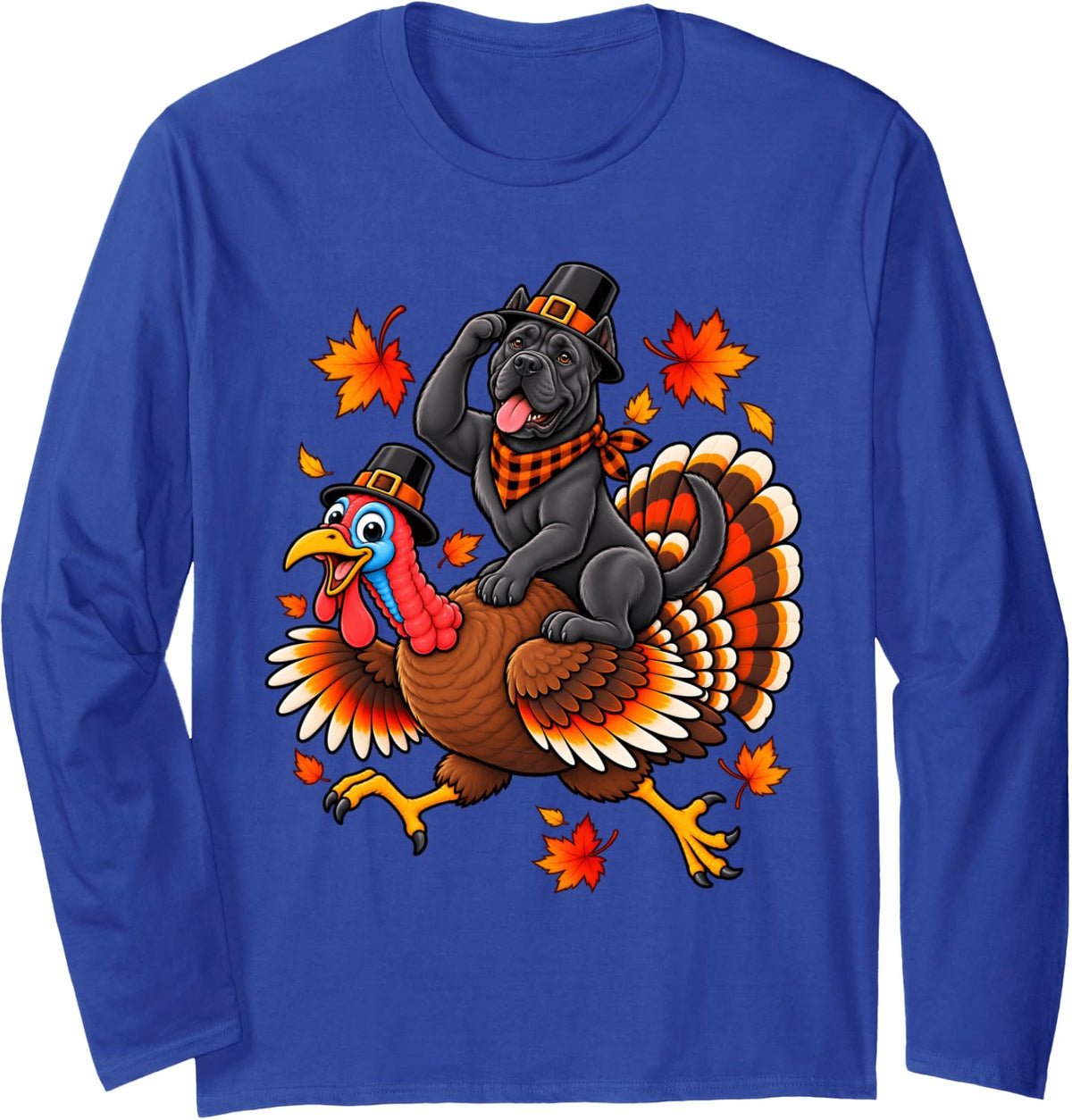 Cute Pilgrim Cane Corso Dog Riding Turkey Thanksgiving Long Sleeve T-Shirt - Adult Unisex Royal Blue
