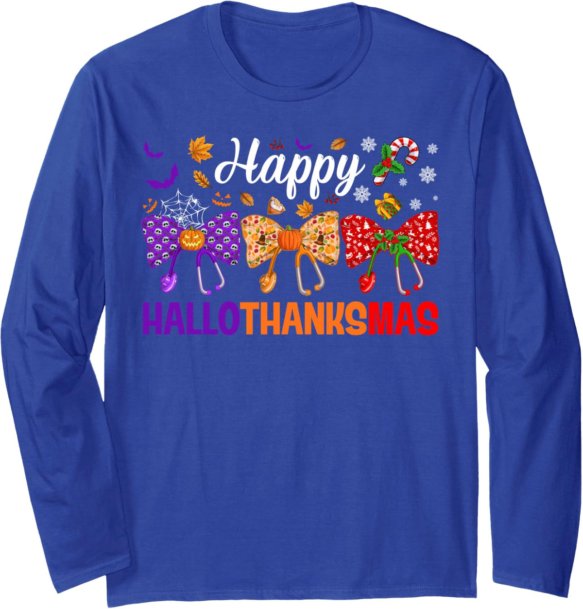 Happy Hallothanksmas Stethoscopes Coquette Bow Nurses Women Long Sleeve T-Shirt - Adult Unisex Royal Blue