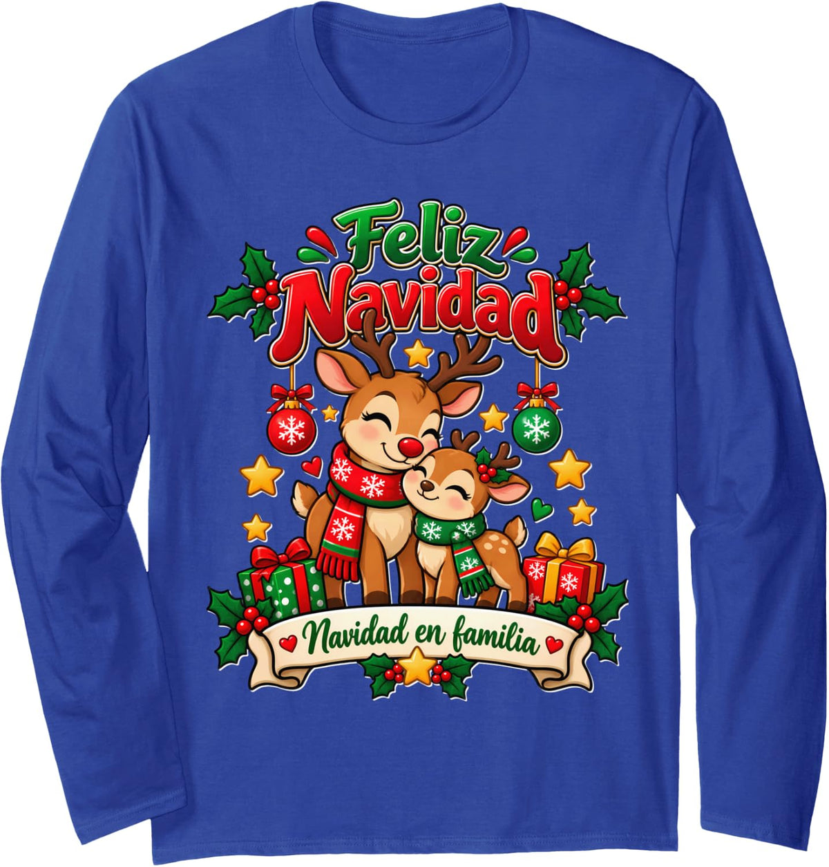 Feliz Navidad Spanish Christmas Cute Reindeer Family Long Sleeve T-Shirt - Adult Unisex Royal Blue
