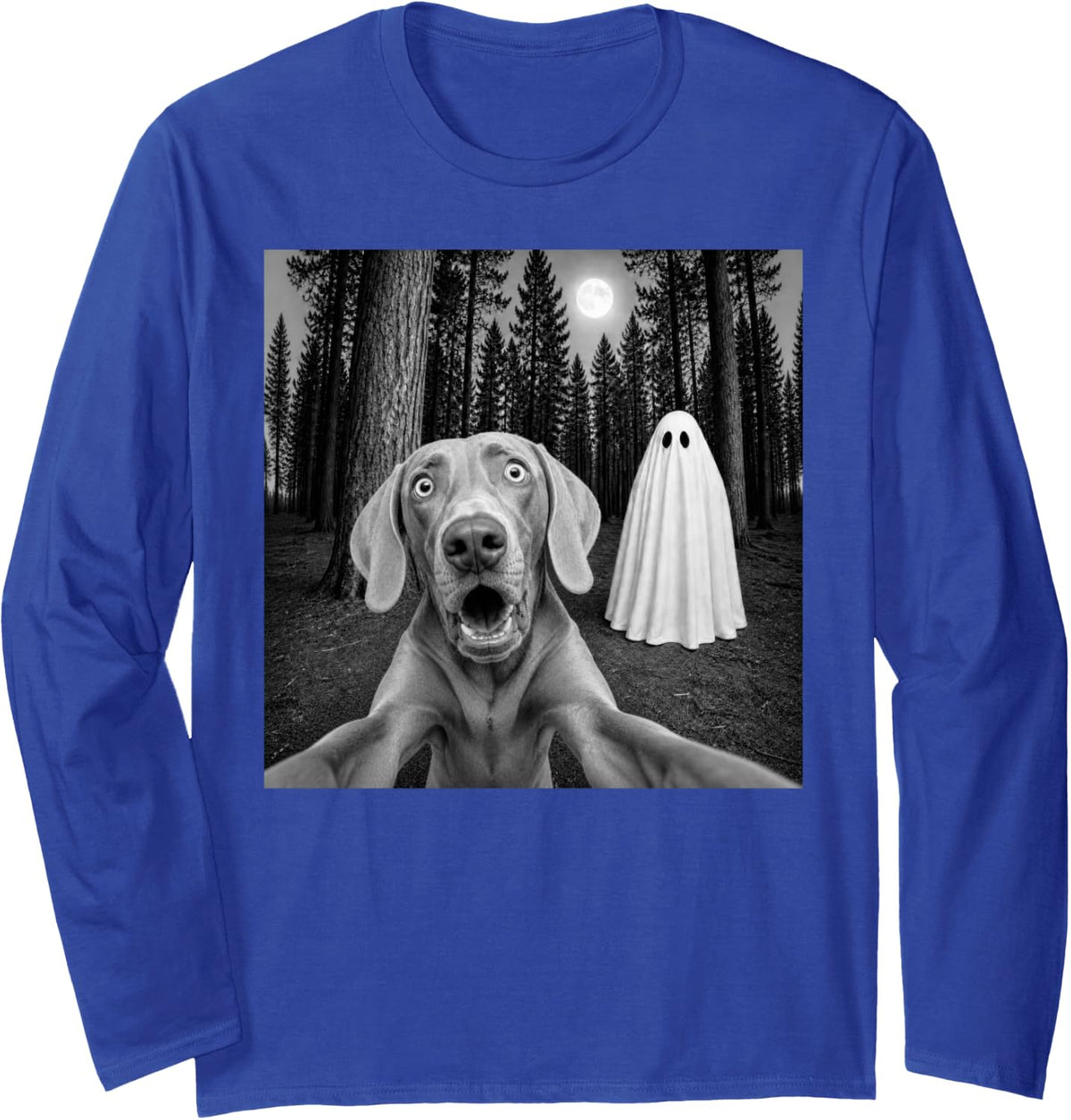 Spooky Weimaraner Selfie with Ghost Halloween Dog Long Sleeve T-Shirt - Adult Unisex Royal Blue