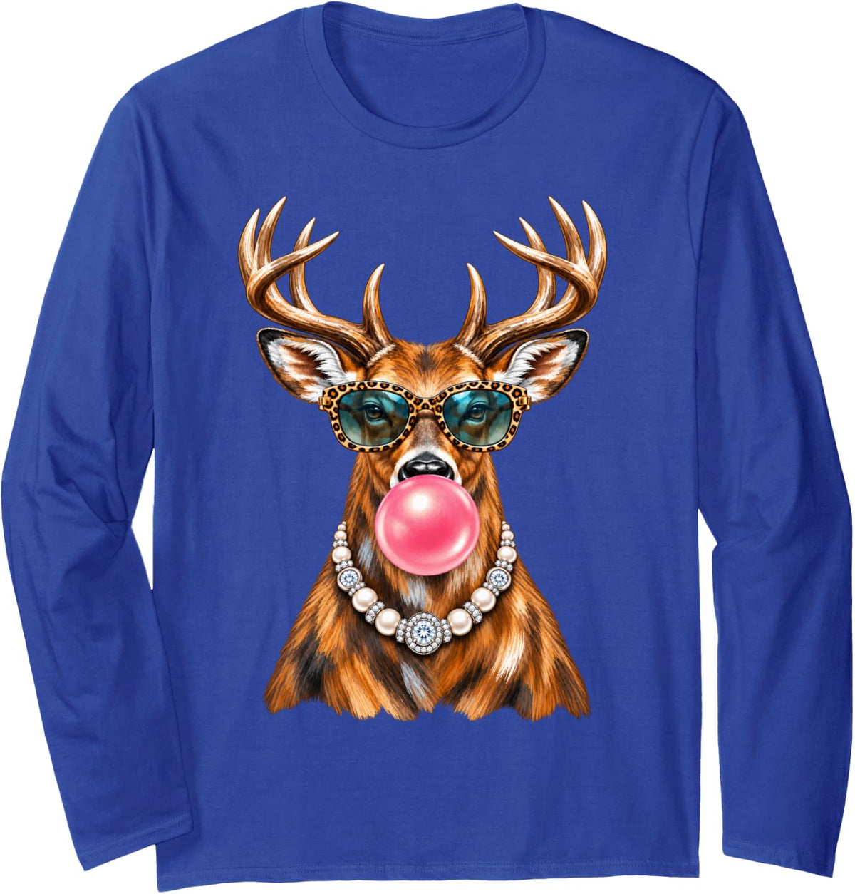 Funny Deer Wearing Glasses and Blowing Pink Bubble Gum Long Sleeve T-Shirt - Adult Unisex Royal Blue