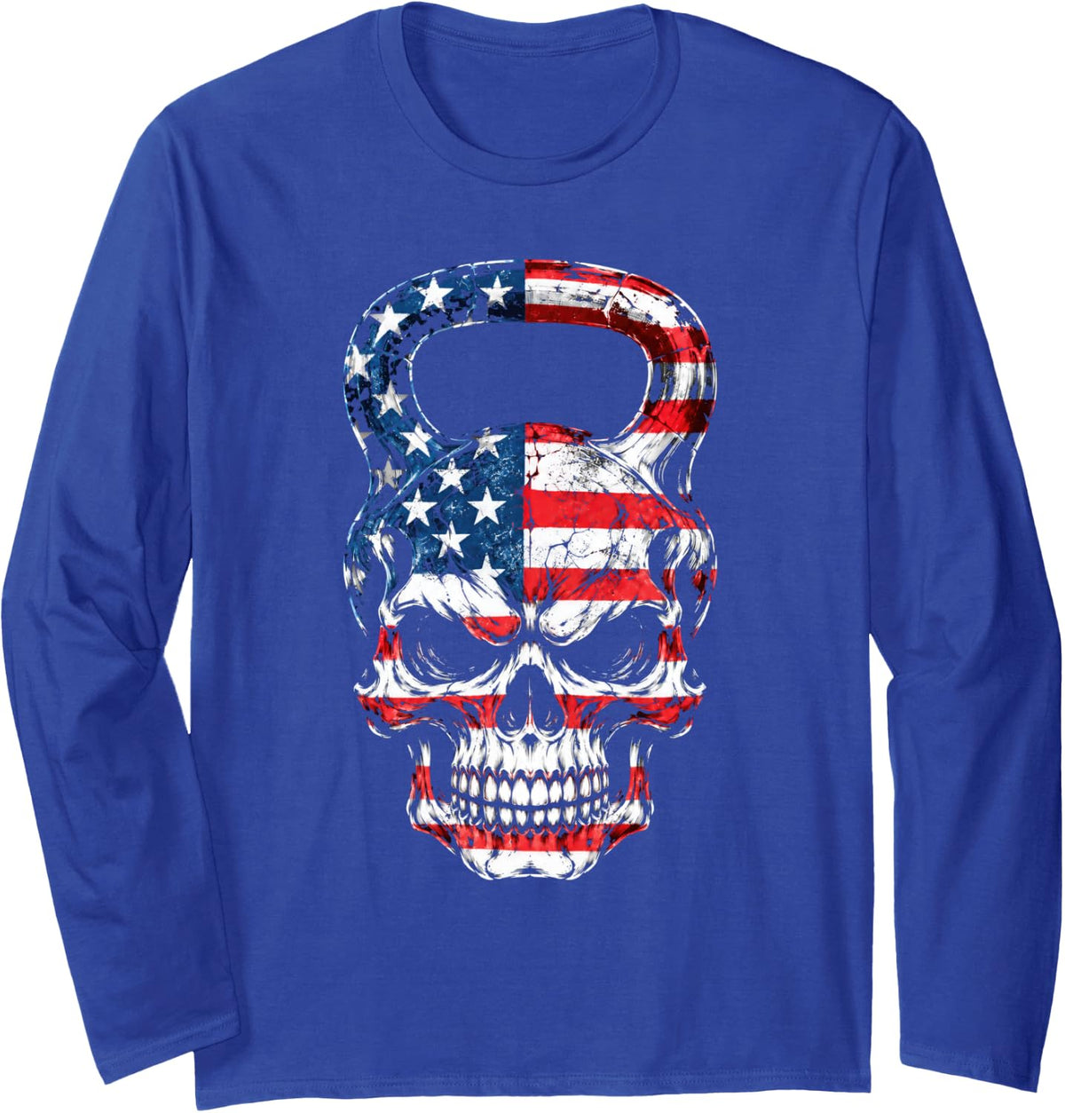 American Flag Skull Kettlebell Patriotic Weightlifting Long Sleeve T-Shirt - Adult Unisex Royal Blue