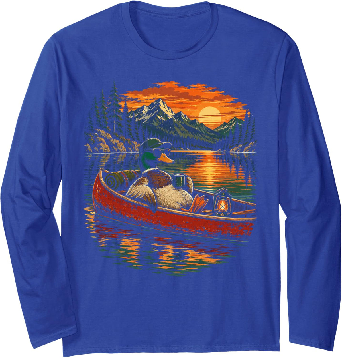 Duck Canoe Camping by a Peaceful Lake for Nature Lovers Long Sleeve T-Shirt - Adult Unisex Royal Blue