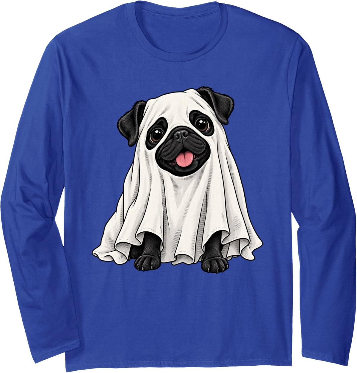 Dog Black Pug Ghost Halloween Long Sleeve T-Shirt - Adult Unisex Royal Blue