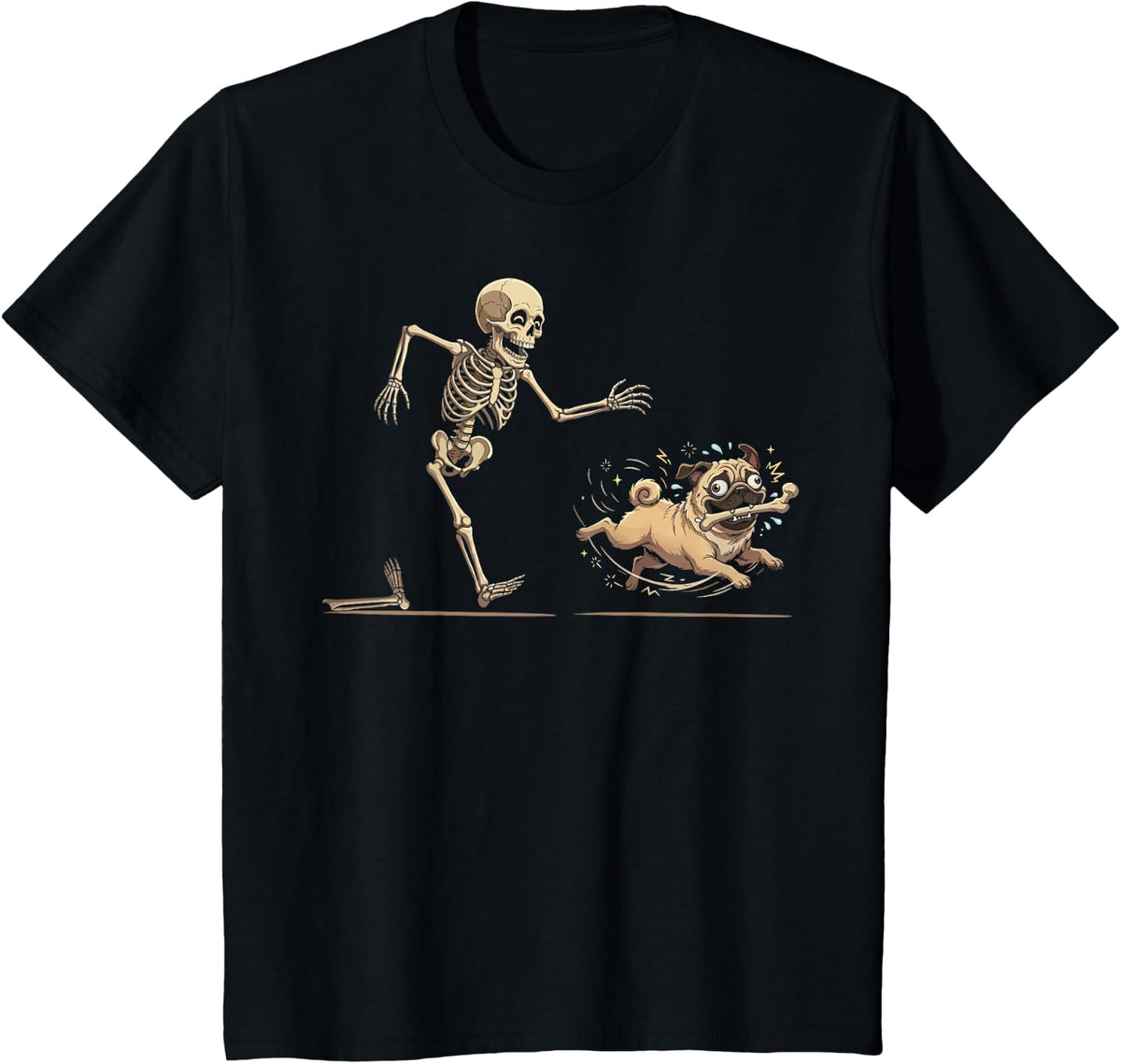 Funny Pug Stealing Skeleton Bone for Halloween Dog T-Shirt - Black