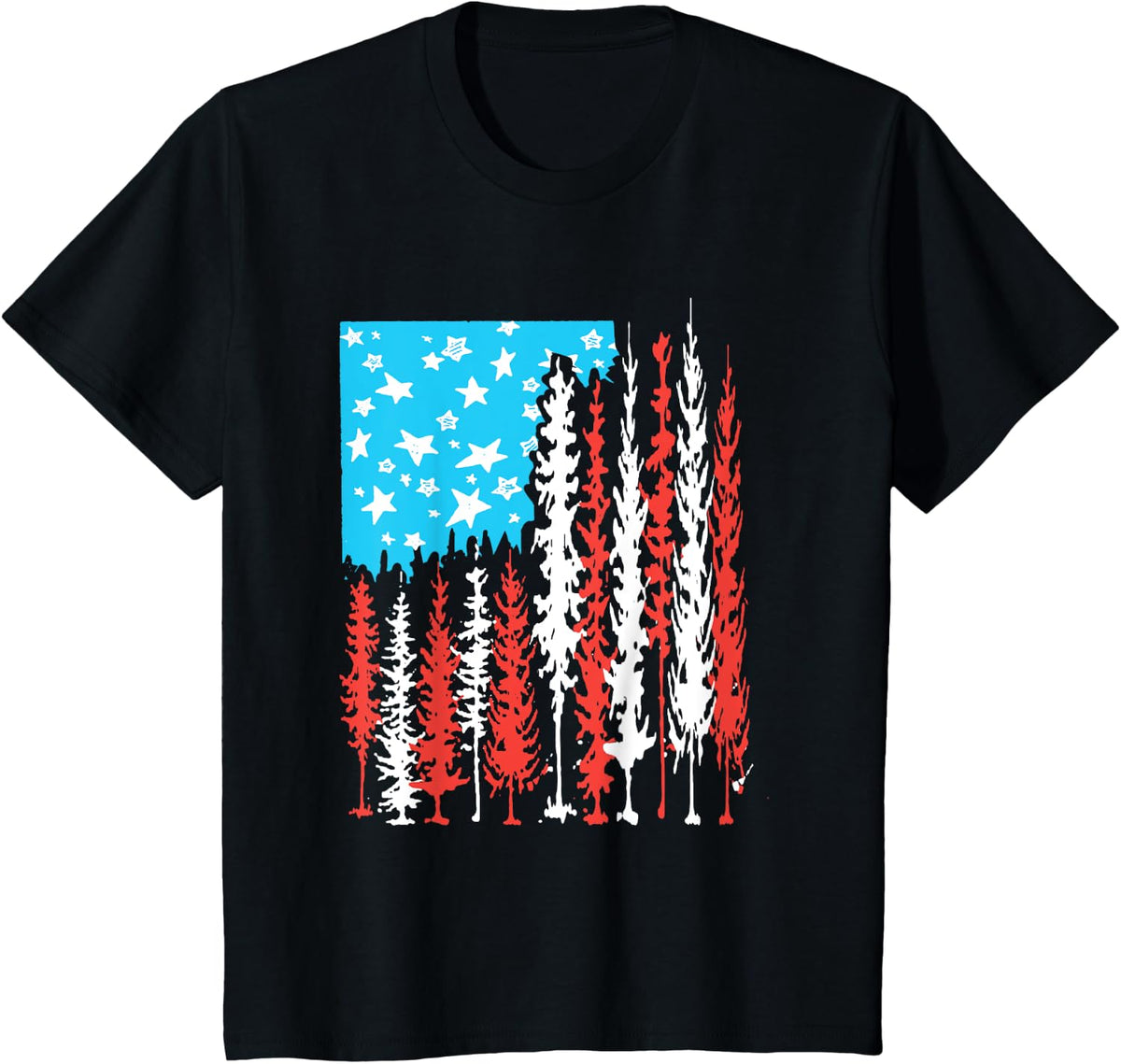 Nature American Flag Pine Trees & Stars Outdoors Graphic T-Shirt for Women Kids Men - Black