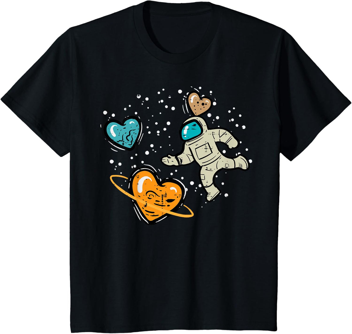 Valentines Day Astronaut Heart Planets Space Women Kids Boys T-Shirt - Black