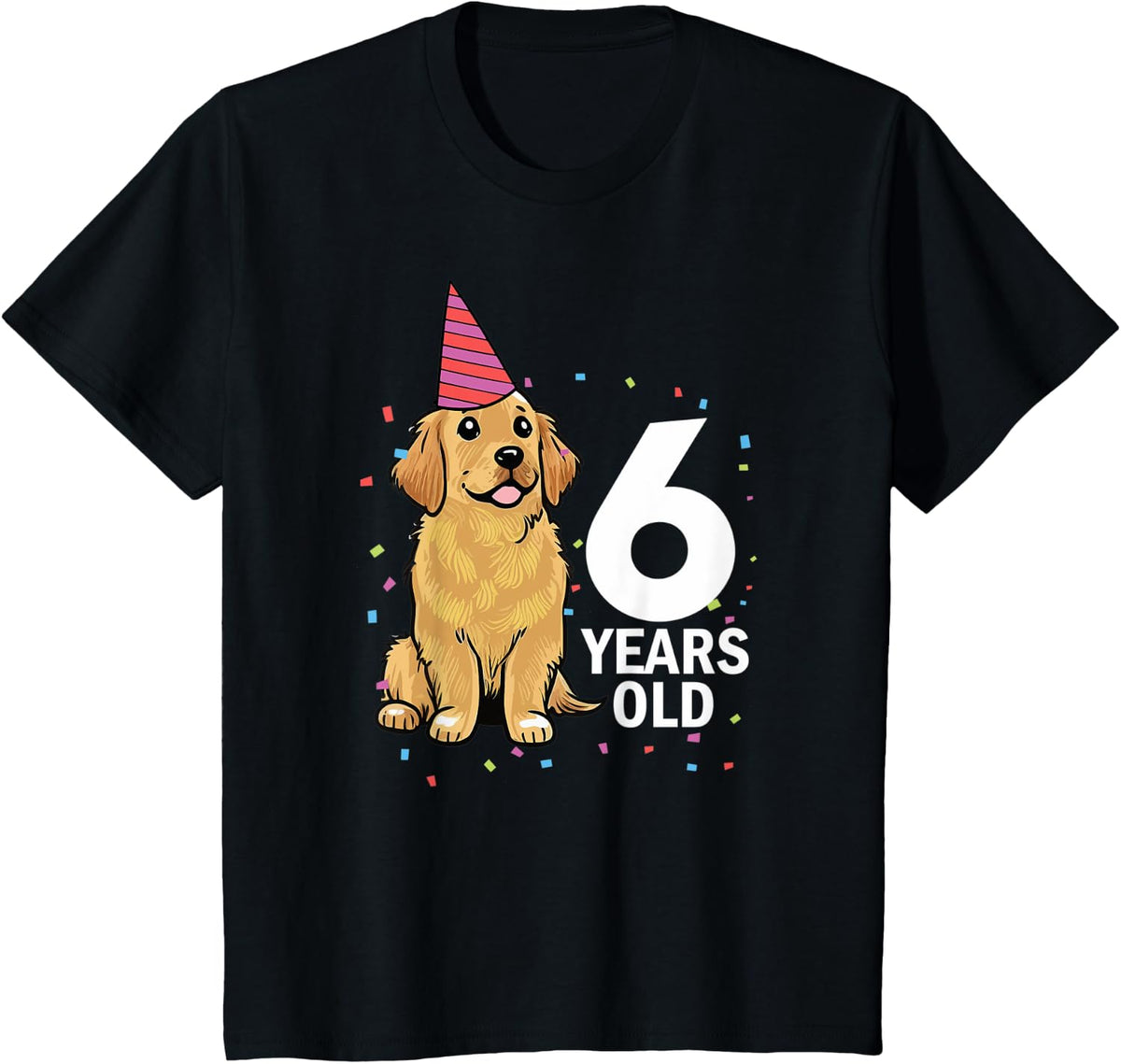 Cute 6 Years Old Birthday Golden Retriever Dog 6th Party Kid T-Shirt - Black