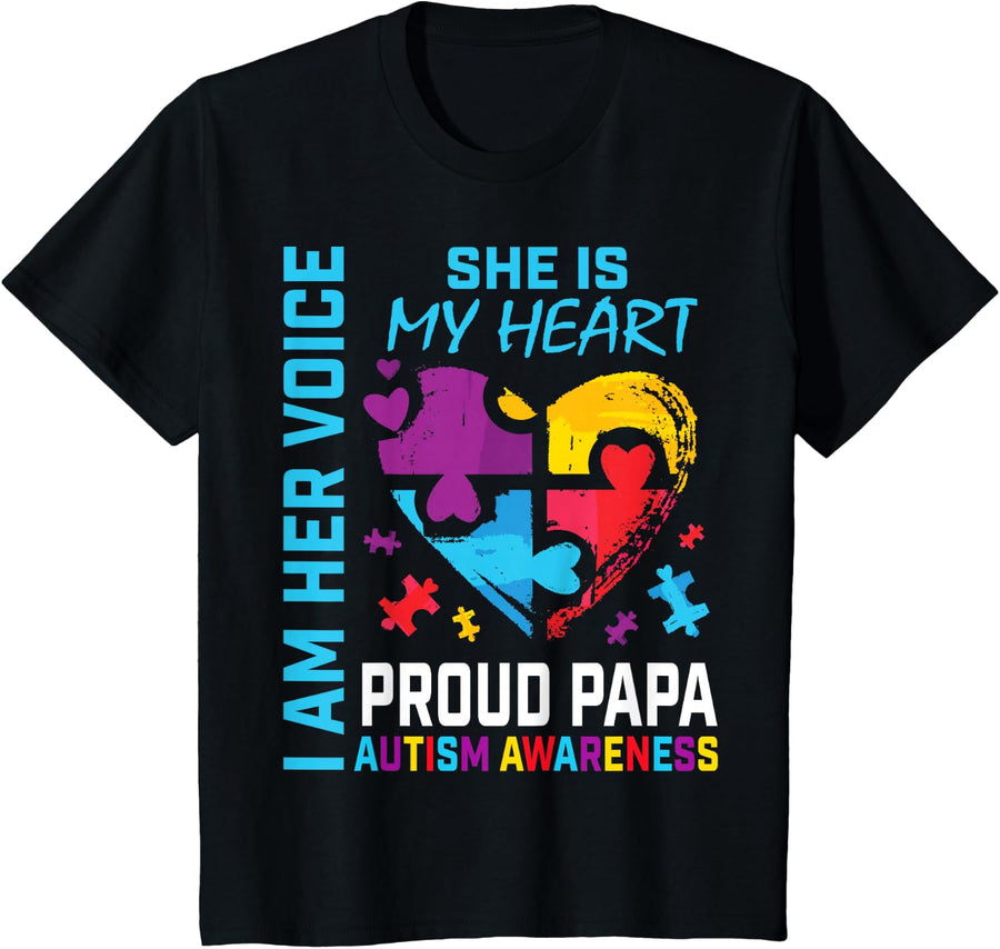 Blue She Is My Heart Autism Awareness Granddaughter Papa T-Shirt - Black
