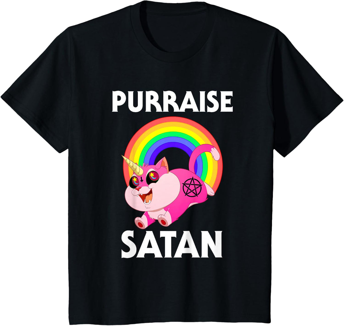 Purraise Satan Cat, Hail Satanic Occult, Praise Satan T-Shirt - Black