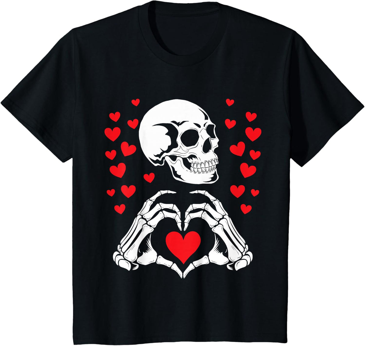 Skeleton Skull Hands Heart Valentines Day Funny Bones Love T-Shirt - Black