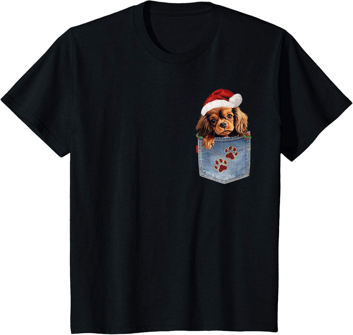 Ruby Cavalier King Charles Spaniel Peeking Christmas Santa T-Shirt - Black