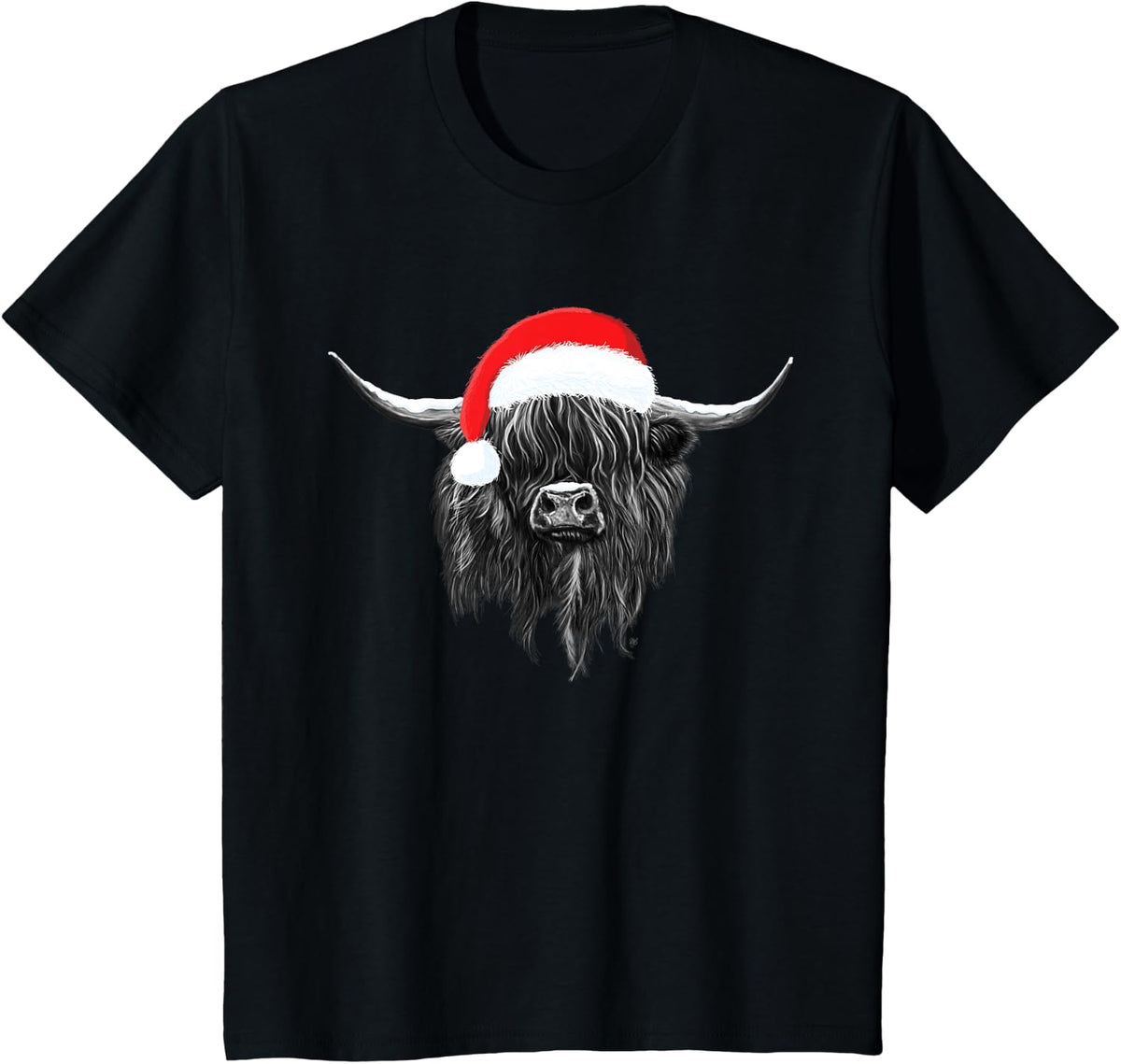 Scottish Highland Cow Christmas Santa Hat T-Shirt - Black