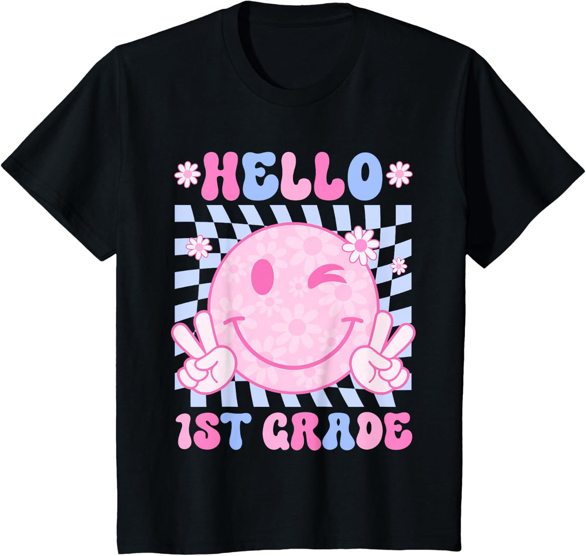 Back to School Hello First 1st Grade Daisy Smile Face Girl T-Shirt - Black
